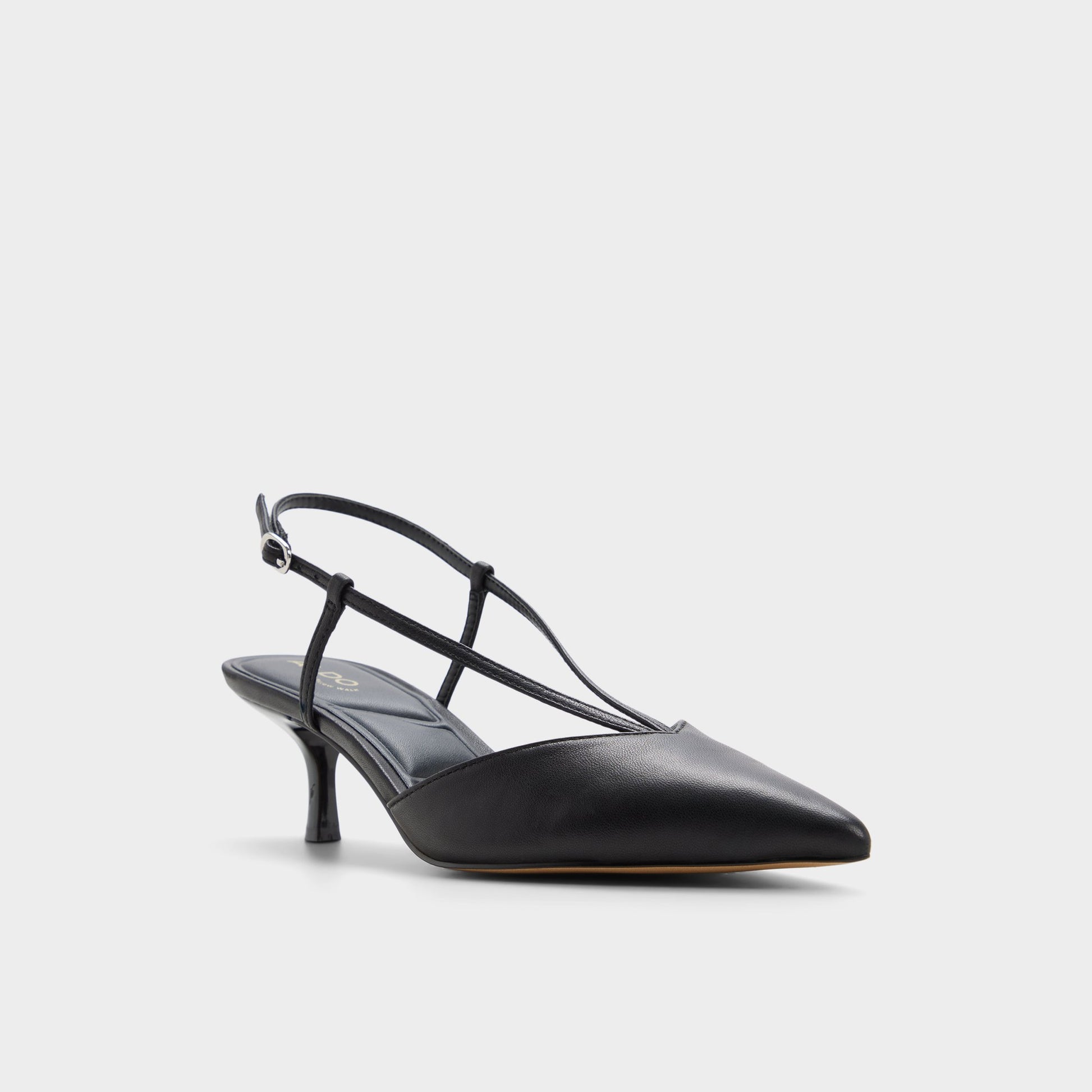 Three-quarter angle of Black Kaylin Slingback kitten heel's front side