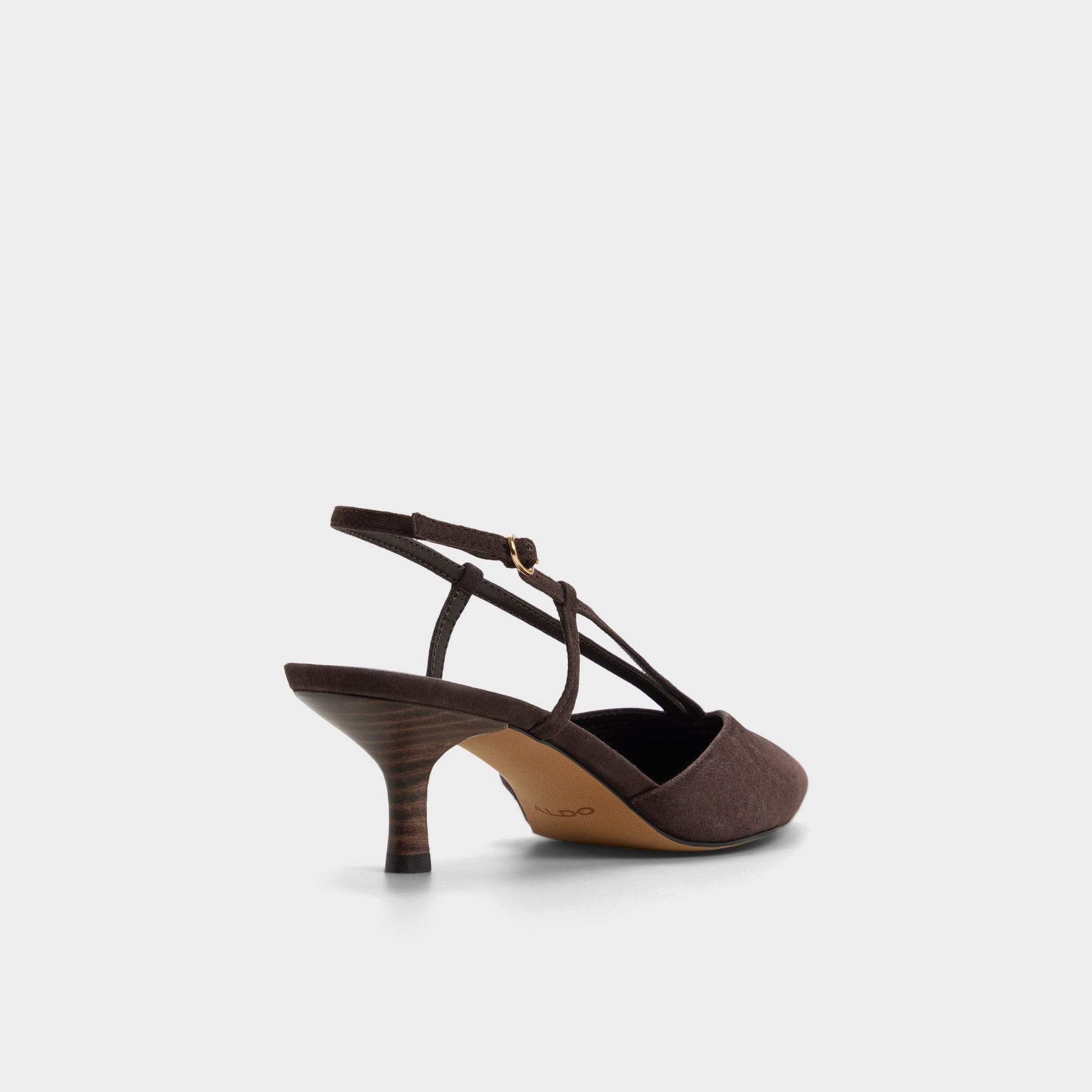 Three-quarter angle of Dark brown Kaylin Slingback kitten heel's back side