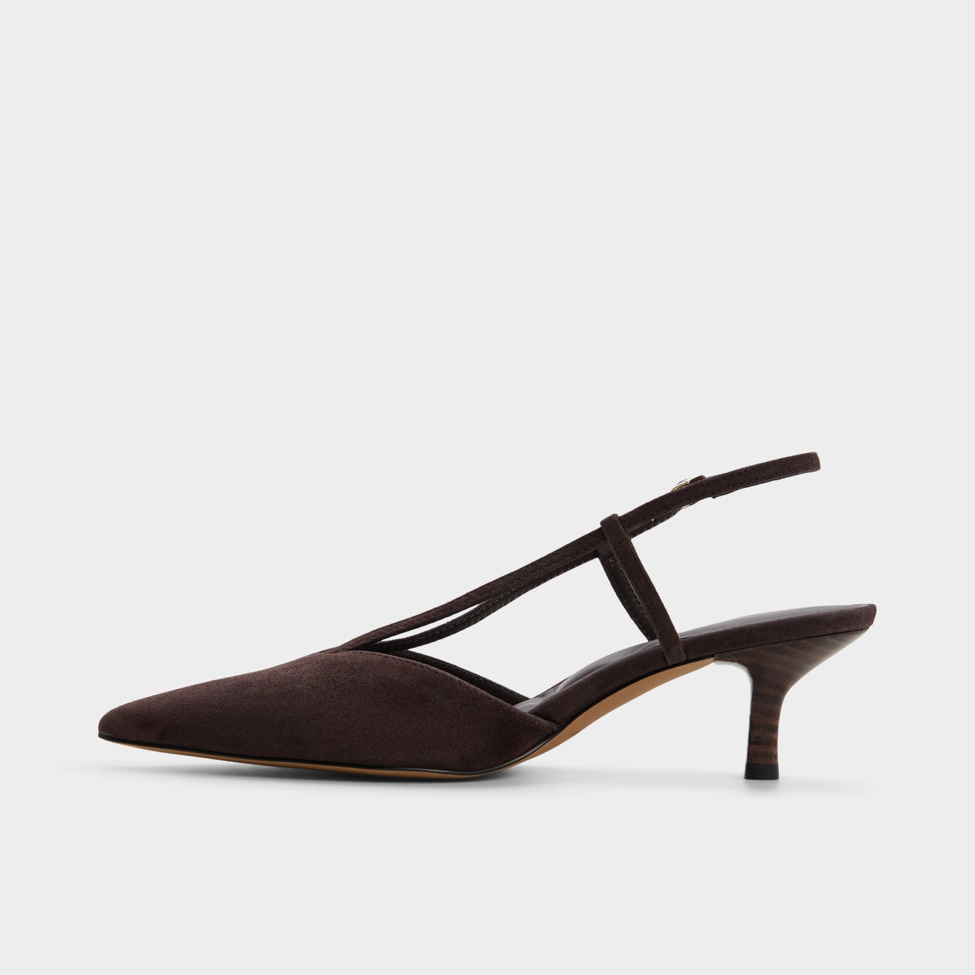 Side view of Dark brown Kaylin Slingback kitten heel