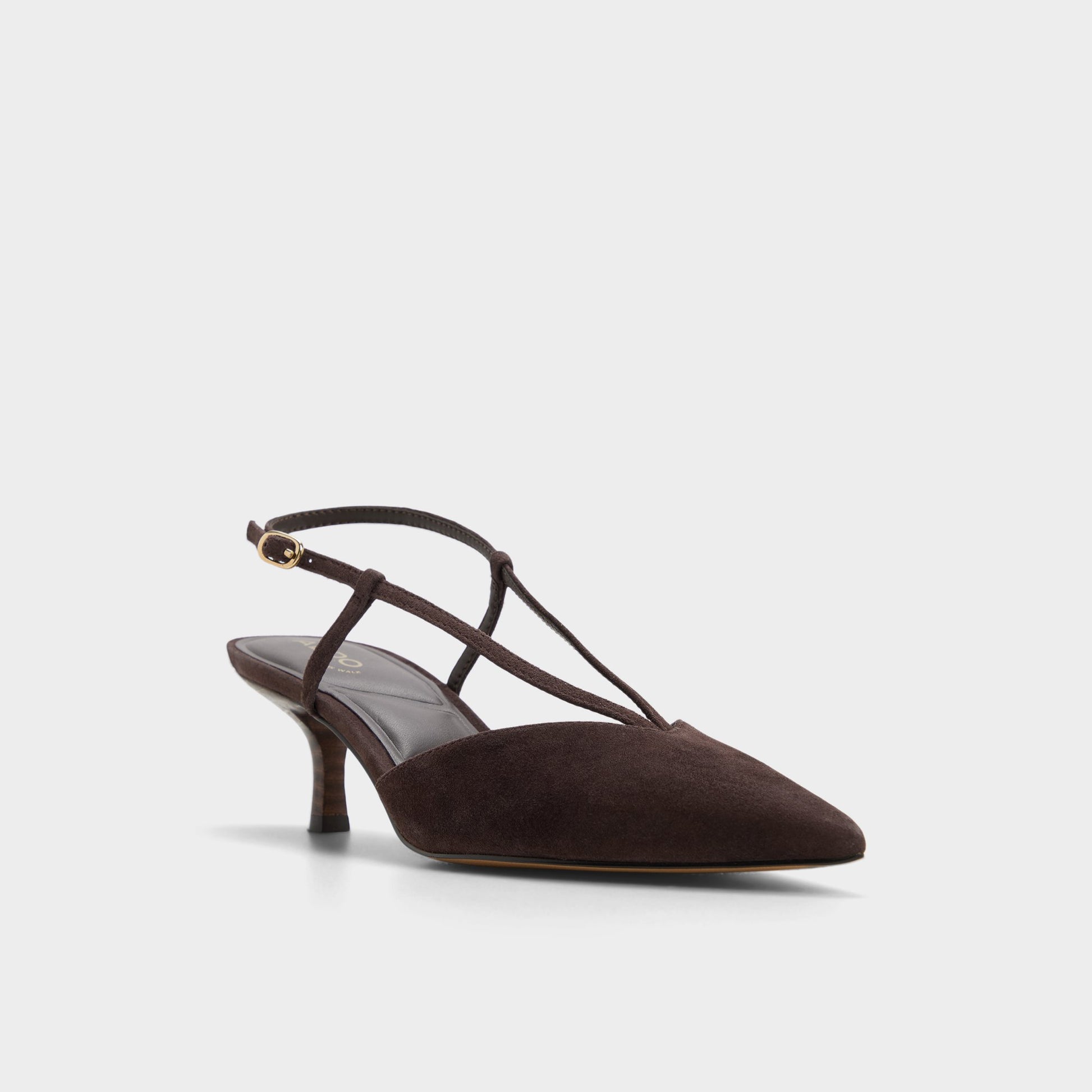 Three-quarter angle of Dark brown Kaylin Slingback kitten heel's front side