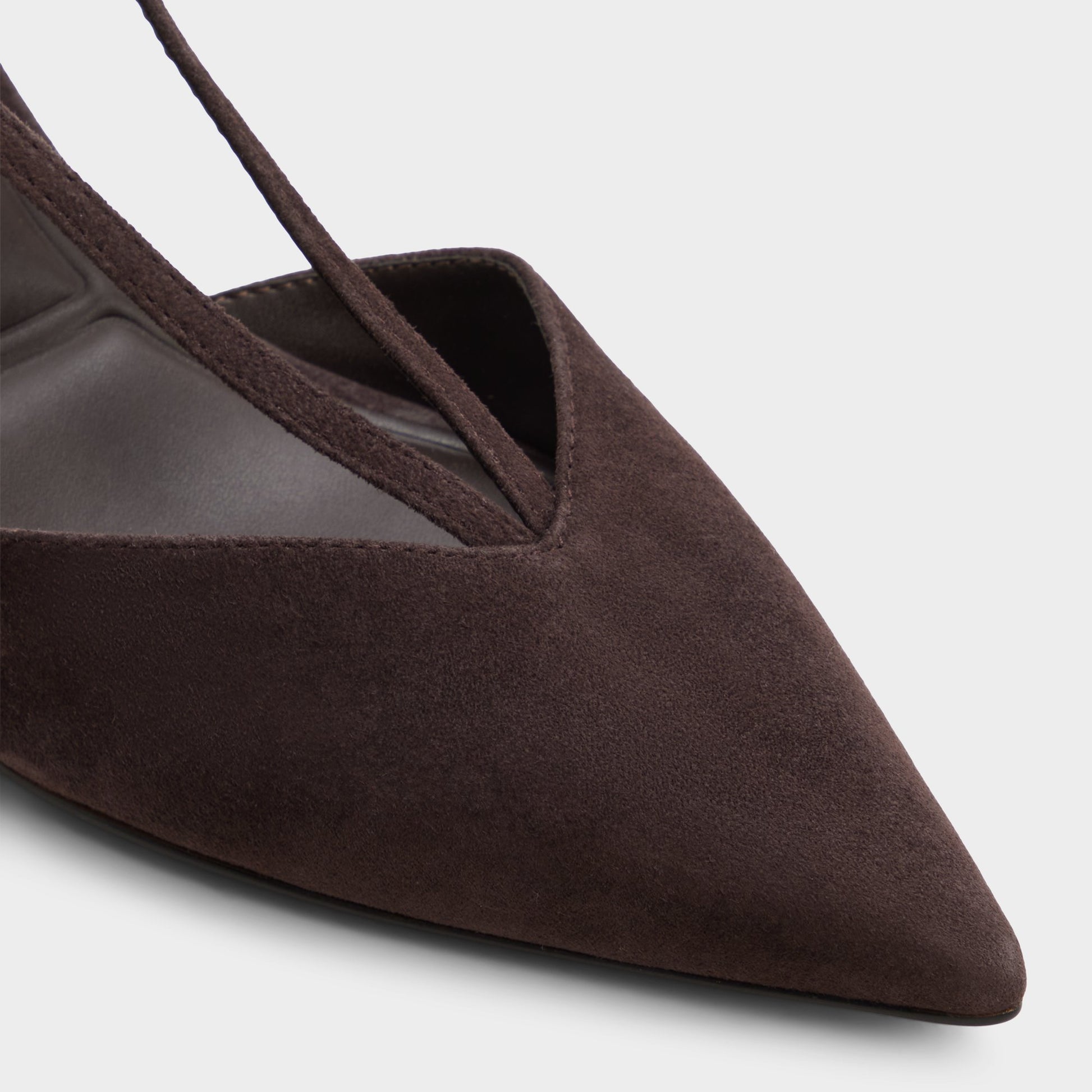 Close-up of the Dark brown Kaylin Slingback kitten heel