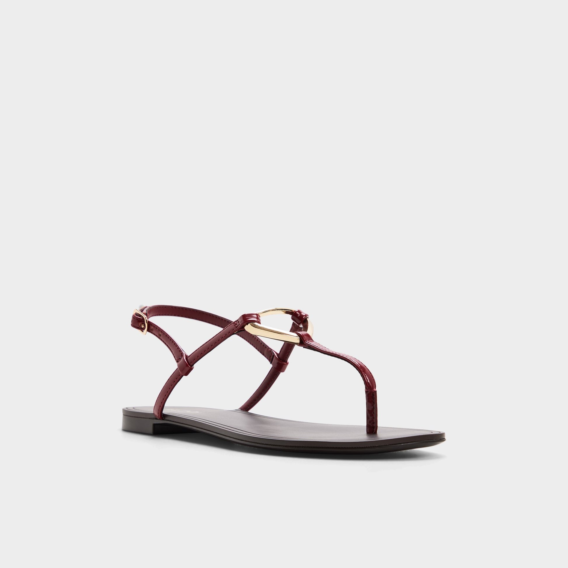 Three-quarter angle of Dark red Alannah T-strap sandal's front side