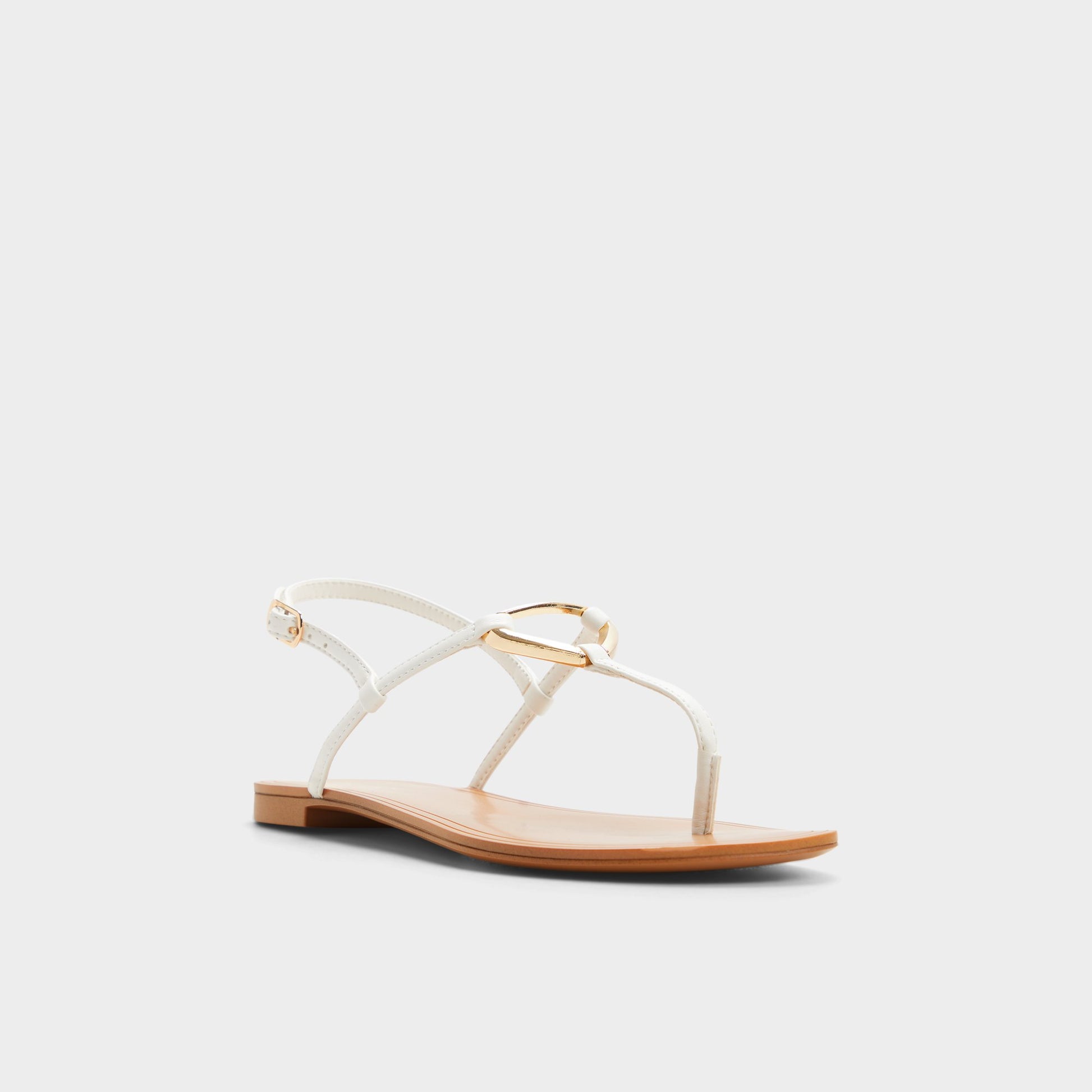 Three-quarter angle of White Alannah T-strap sandal's front side