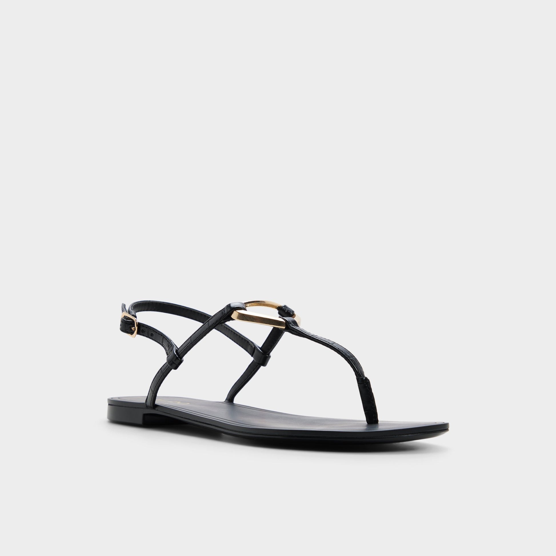 Three-quarter angle of Black Alannah T-strap sandal's front side