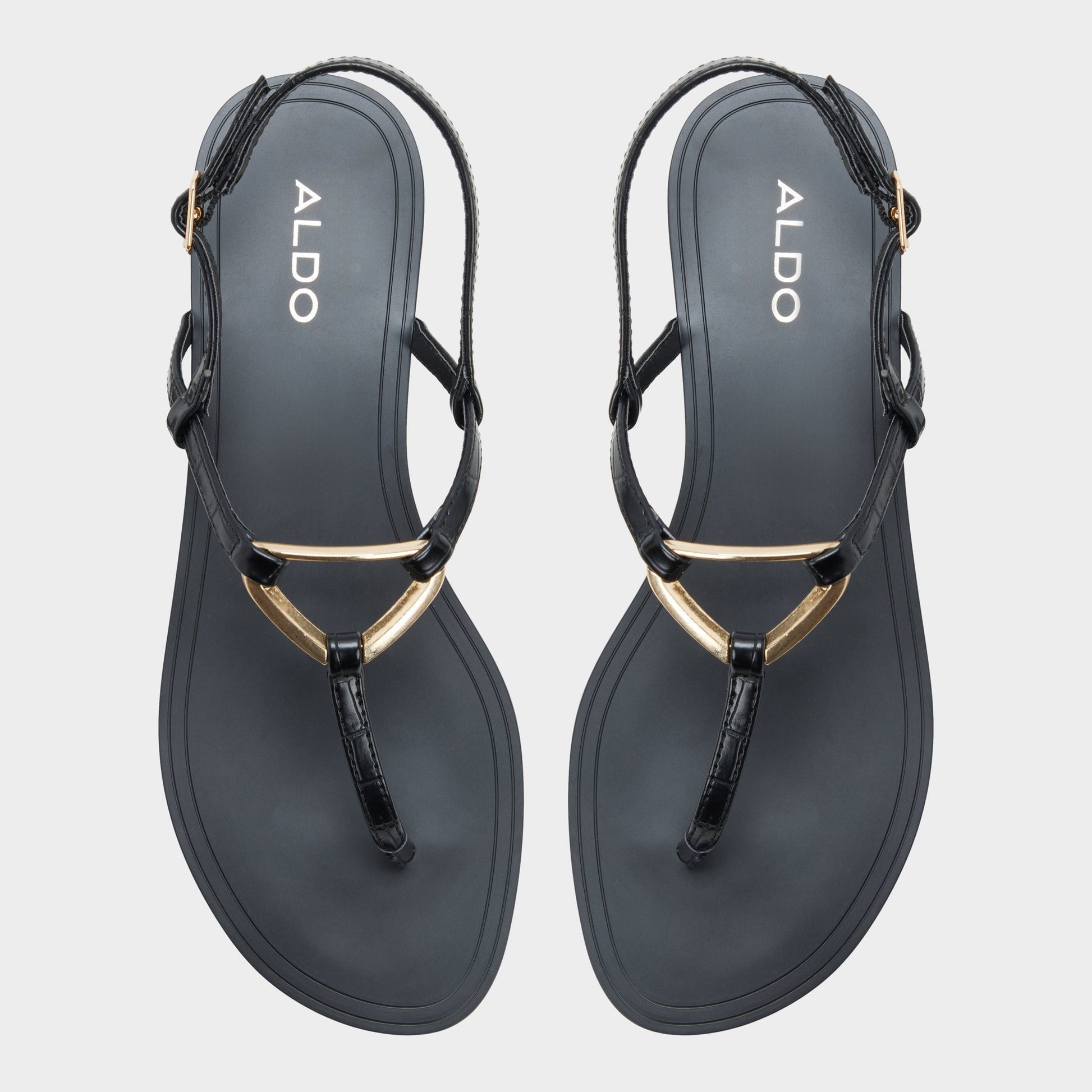 Top-down view of the Black Alannah T-strap sandal