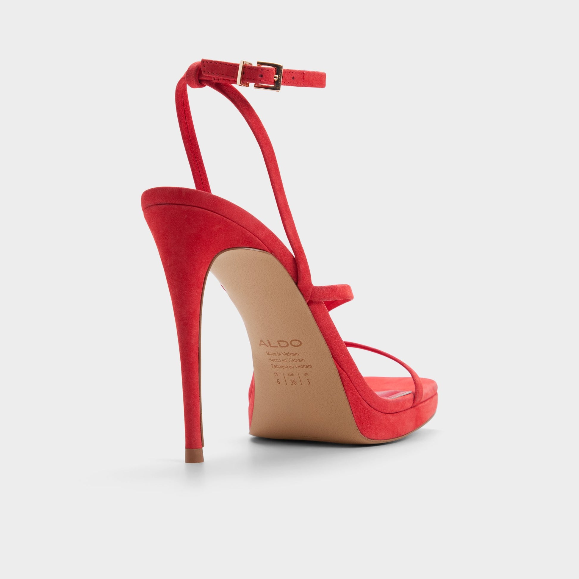 Three-quarter angle of Bright red Cleadonn Strappy platform sandal's back side