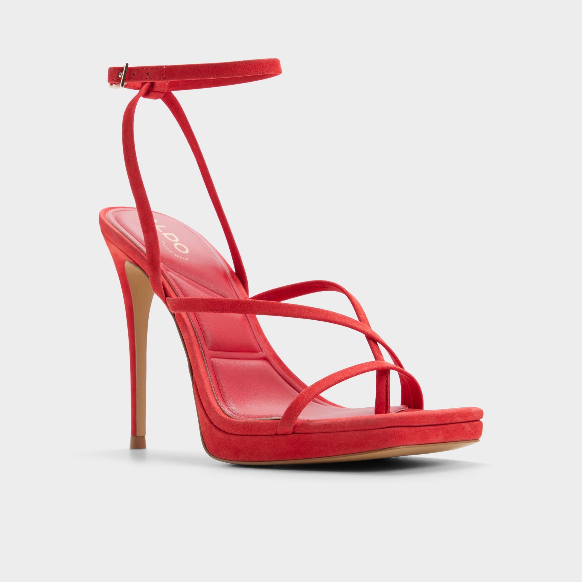 Three-quarter angle of Bright red Cleadonn Strappy platform sandal's front side