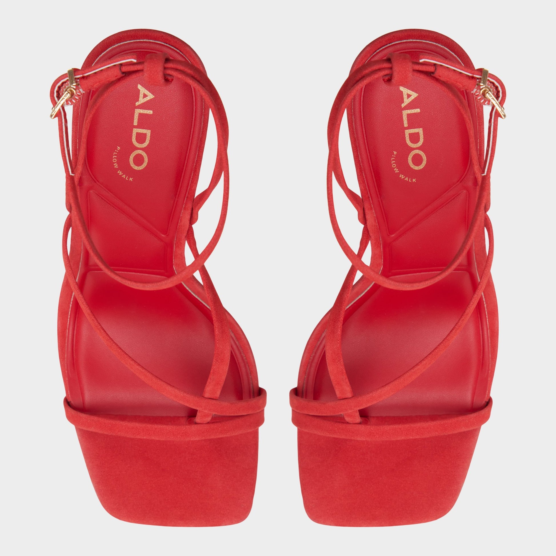 Top-down view of the Bright red Cleadonn Strappy platform sandal