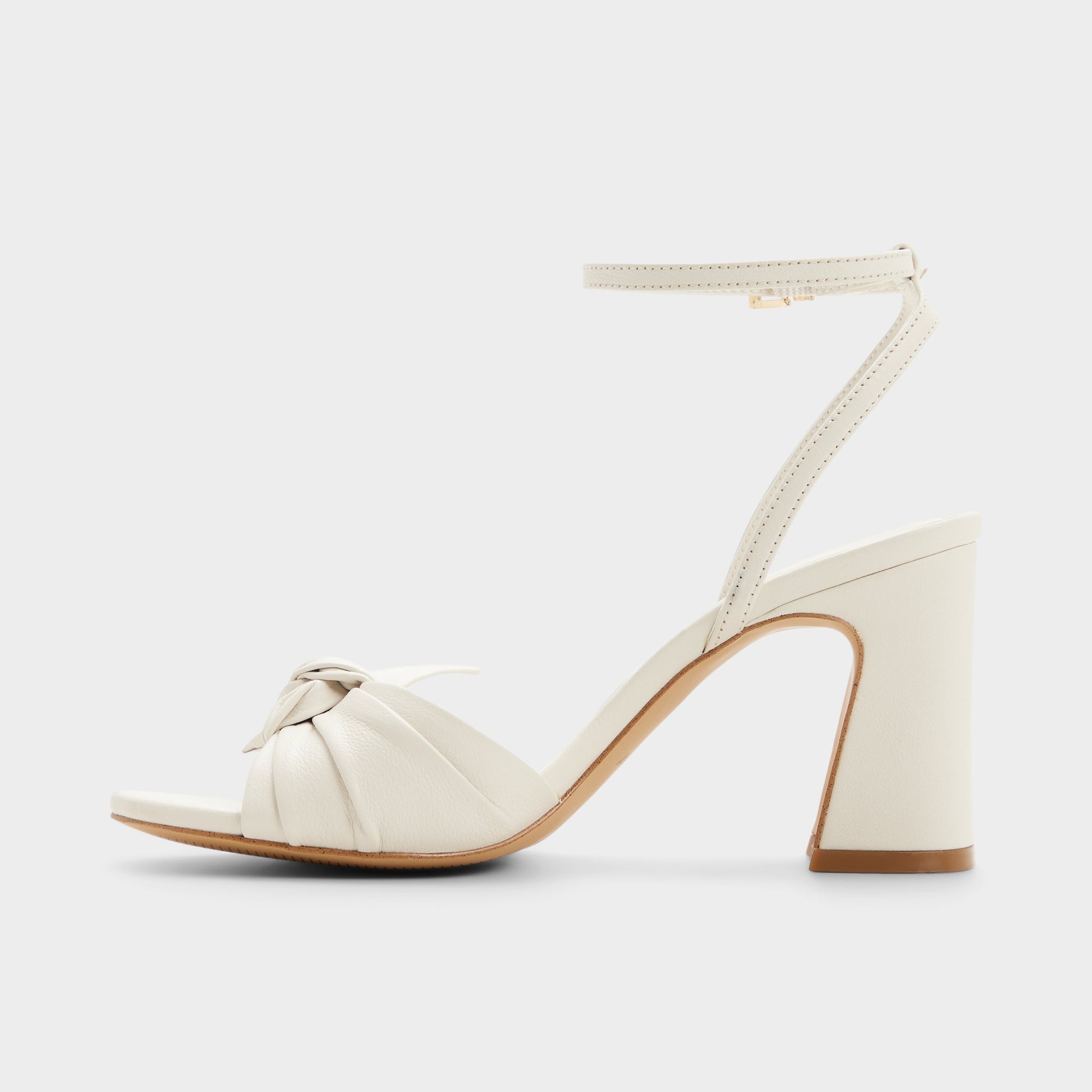 Side view of Open white Angelknot Strappy block heeled sandal