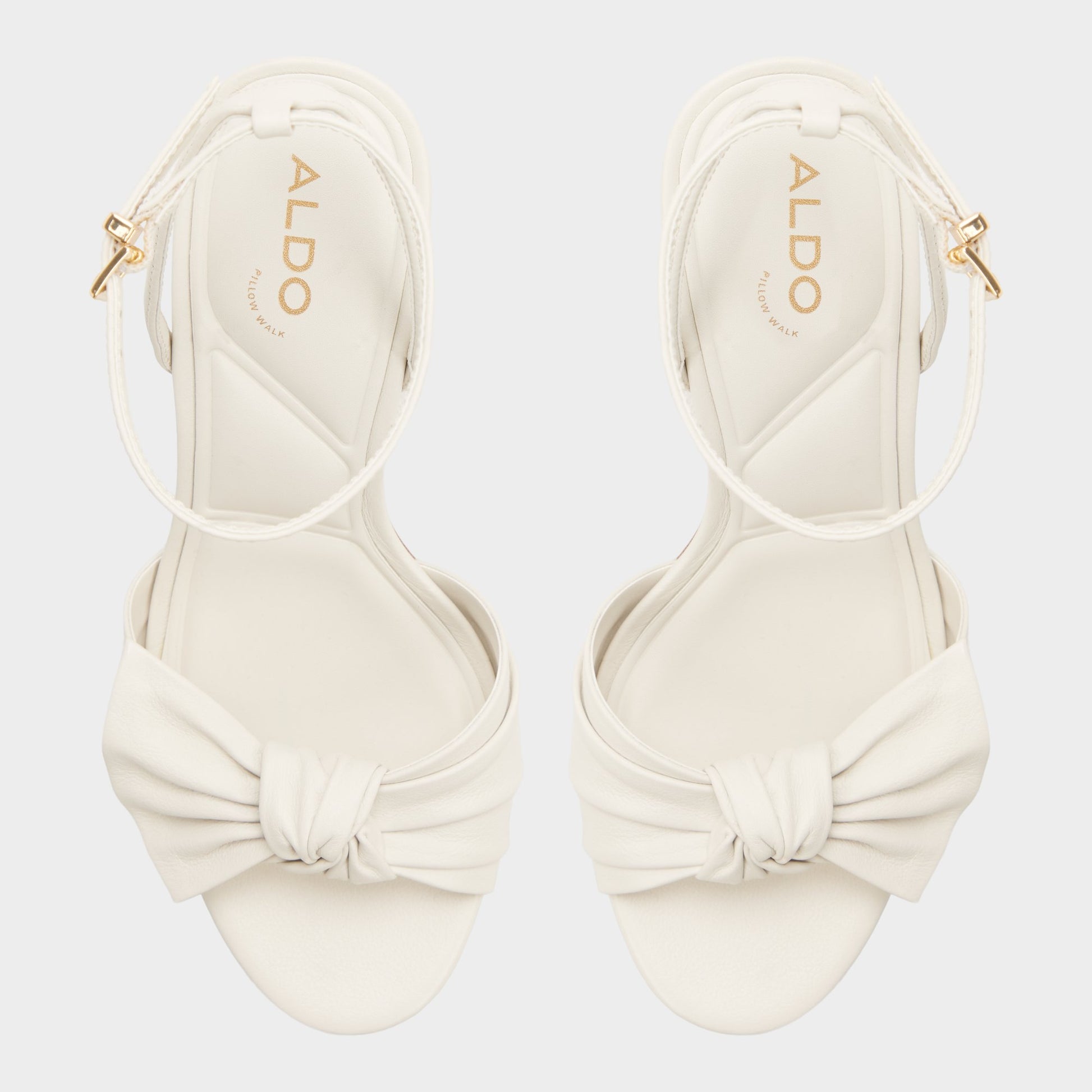 Top-down view of the Open white Angelknot Strappy block heeled sandal