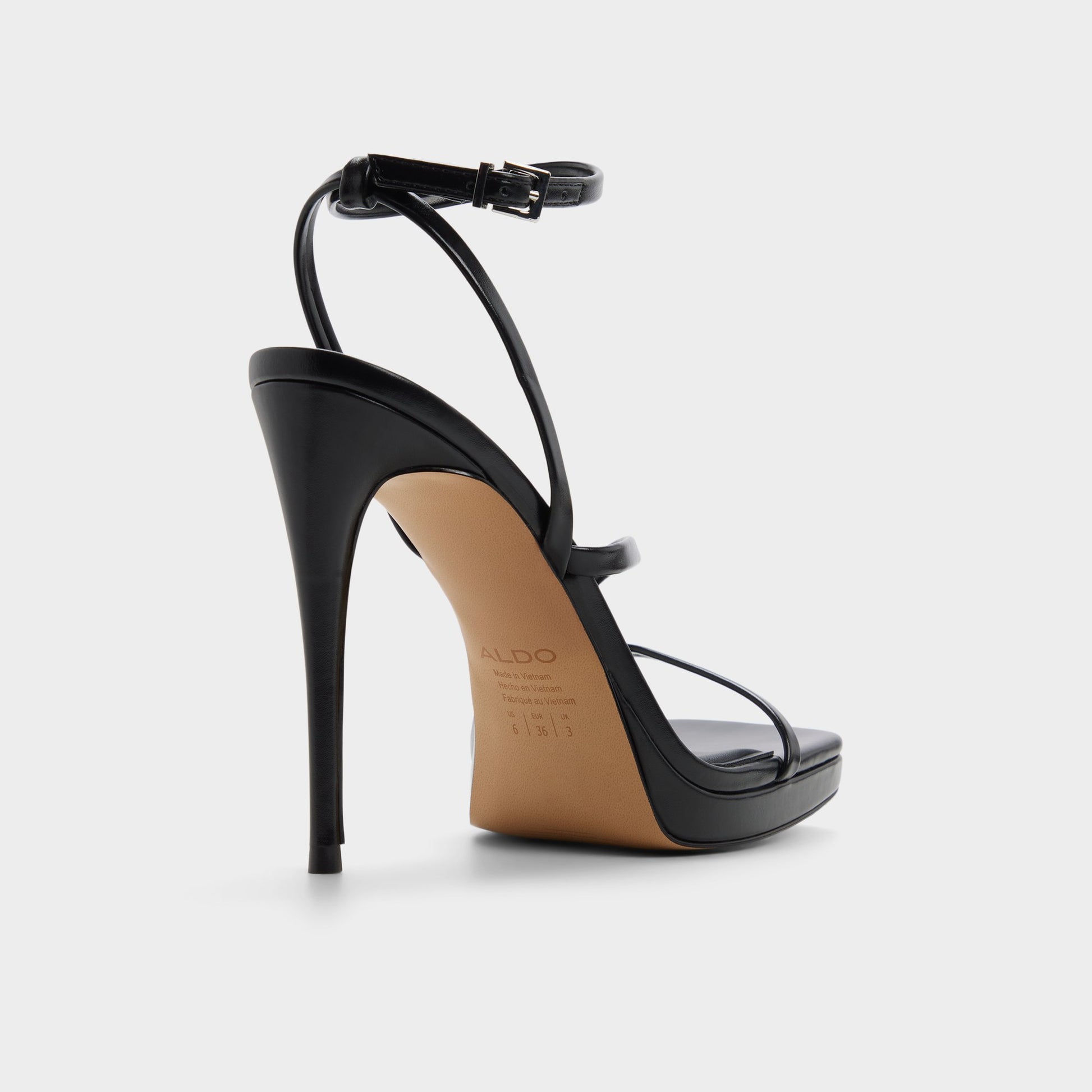Three-quarter angle of Black Cleadonn Strappy platform sandal's back side