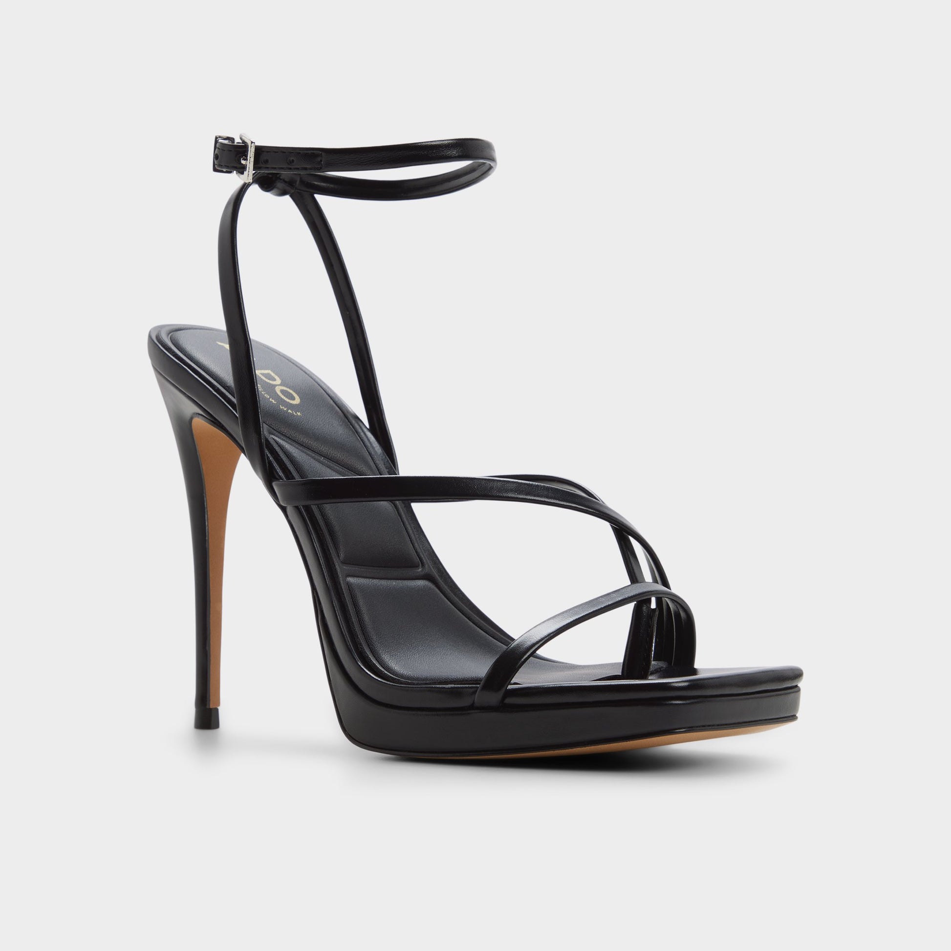 Three-quarter angle of Black Cleadonn Strappy platform sandal's front side