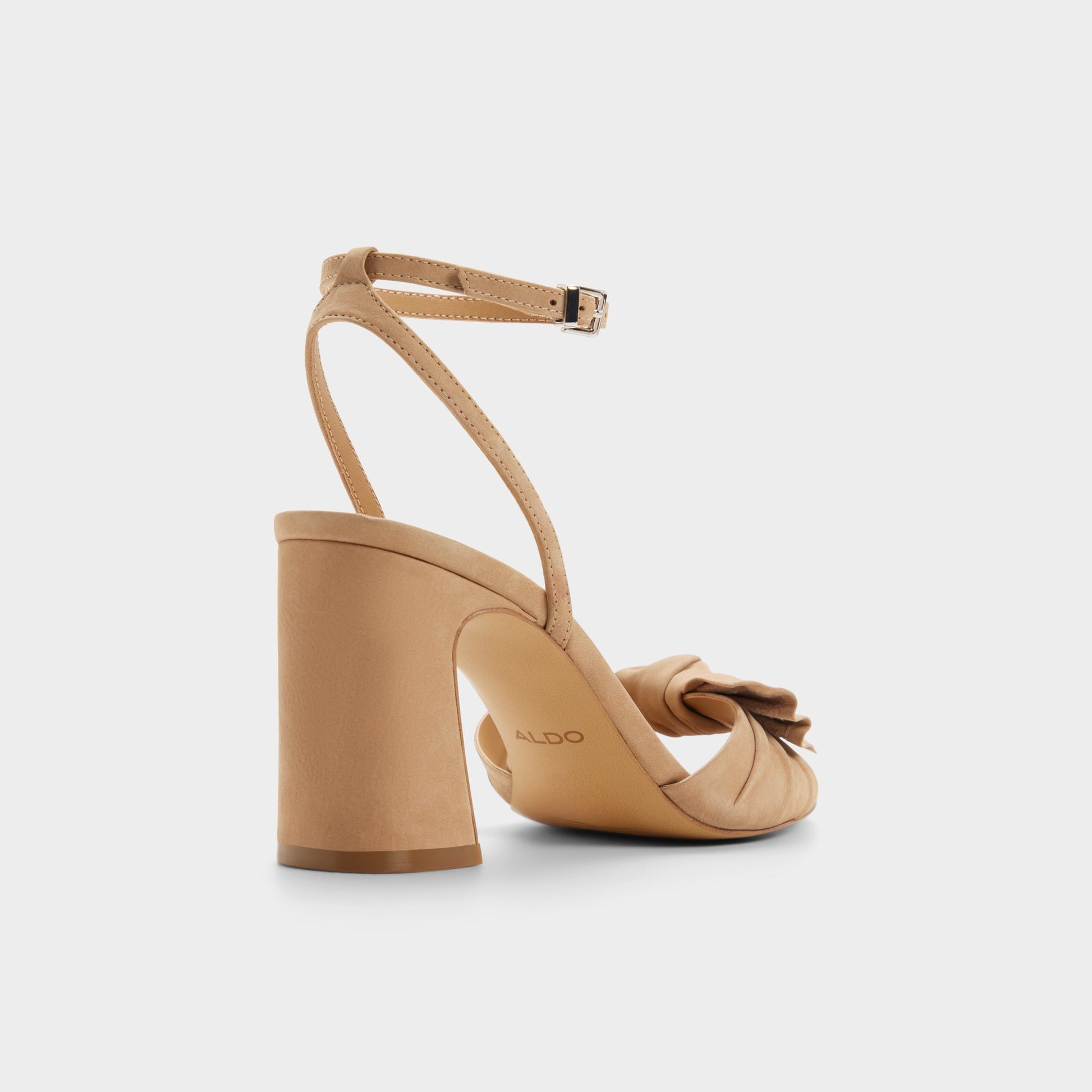 Three-quarter angle of Tan Angelknot Strappy heeled sandal's back side