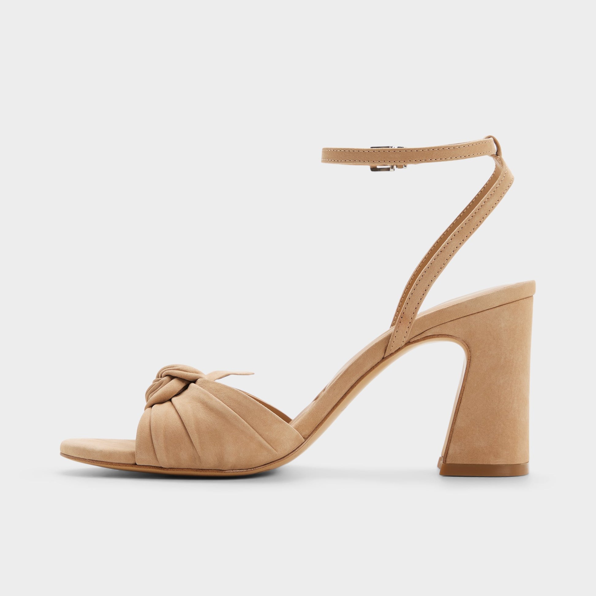 Side view of Tan Angelknot Strappy heeled sandal