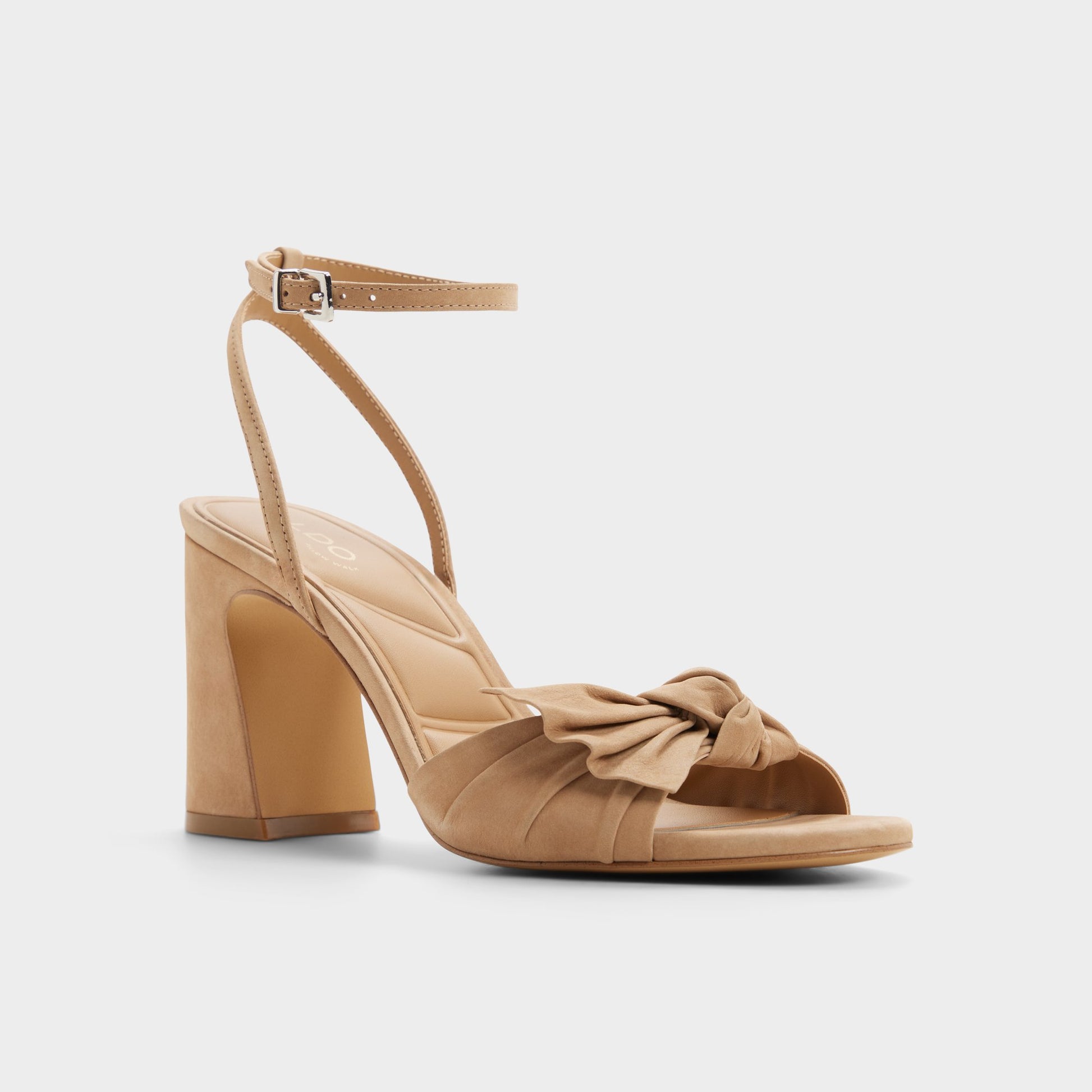 Three-quarter angle of Tan Angelknot Strappy heeled sandal's front side