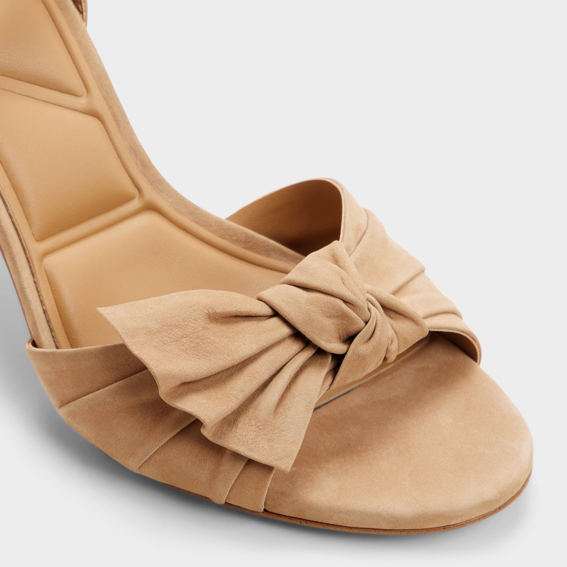 Close-up of the Tan Angelknot Strappy heeled sandal