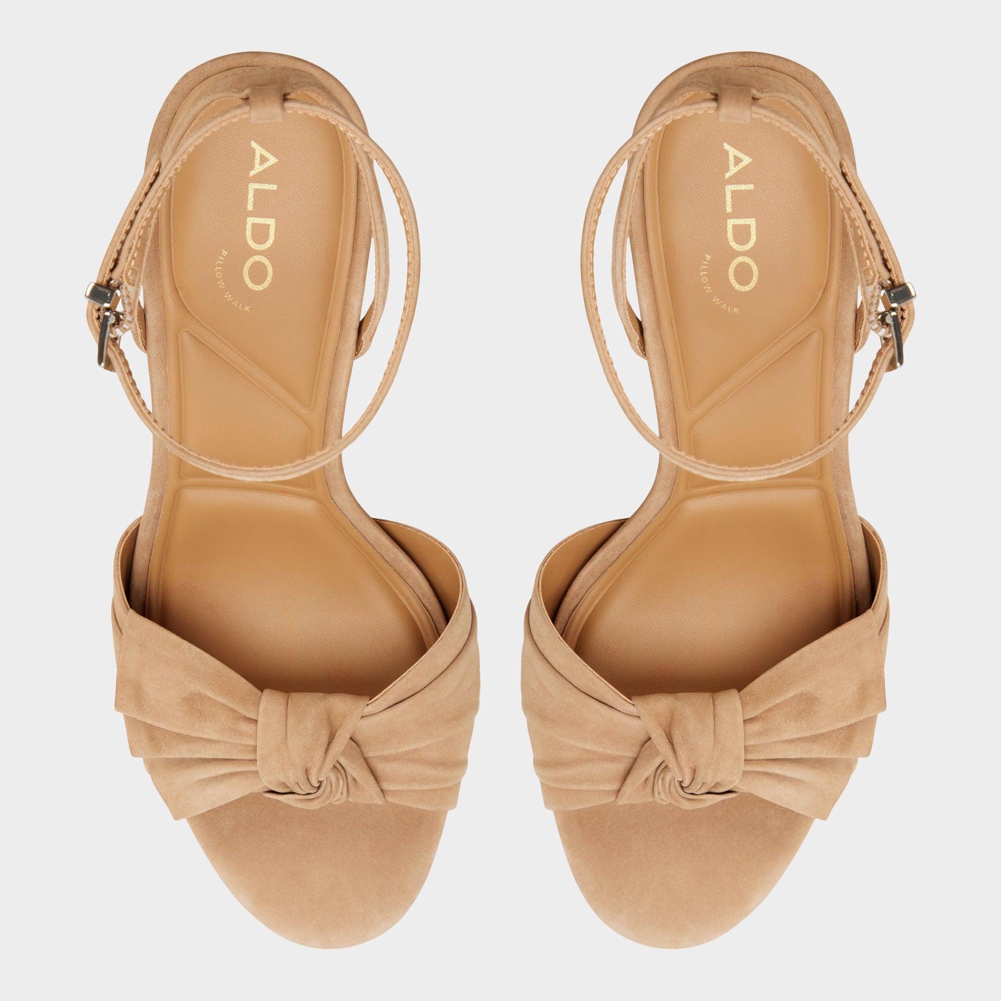 Top-down view of the Tan Angelknot Strappy heeled sandal