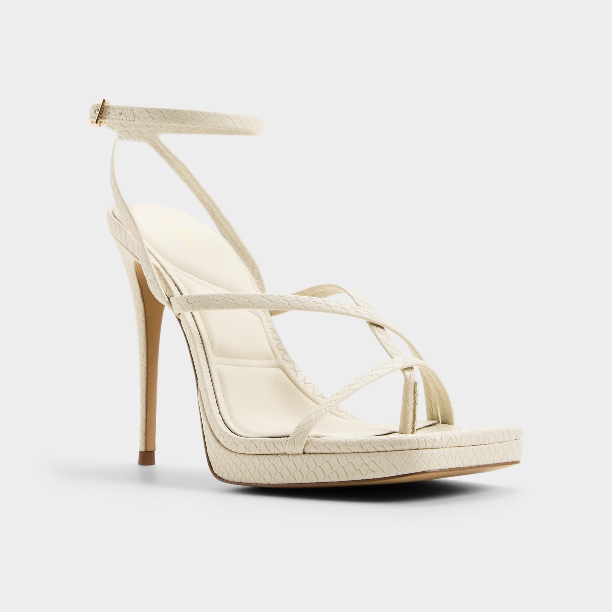 Three-quarter angle of Cream Cleadonn Strappy platform sandal's front side
