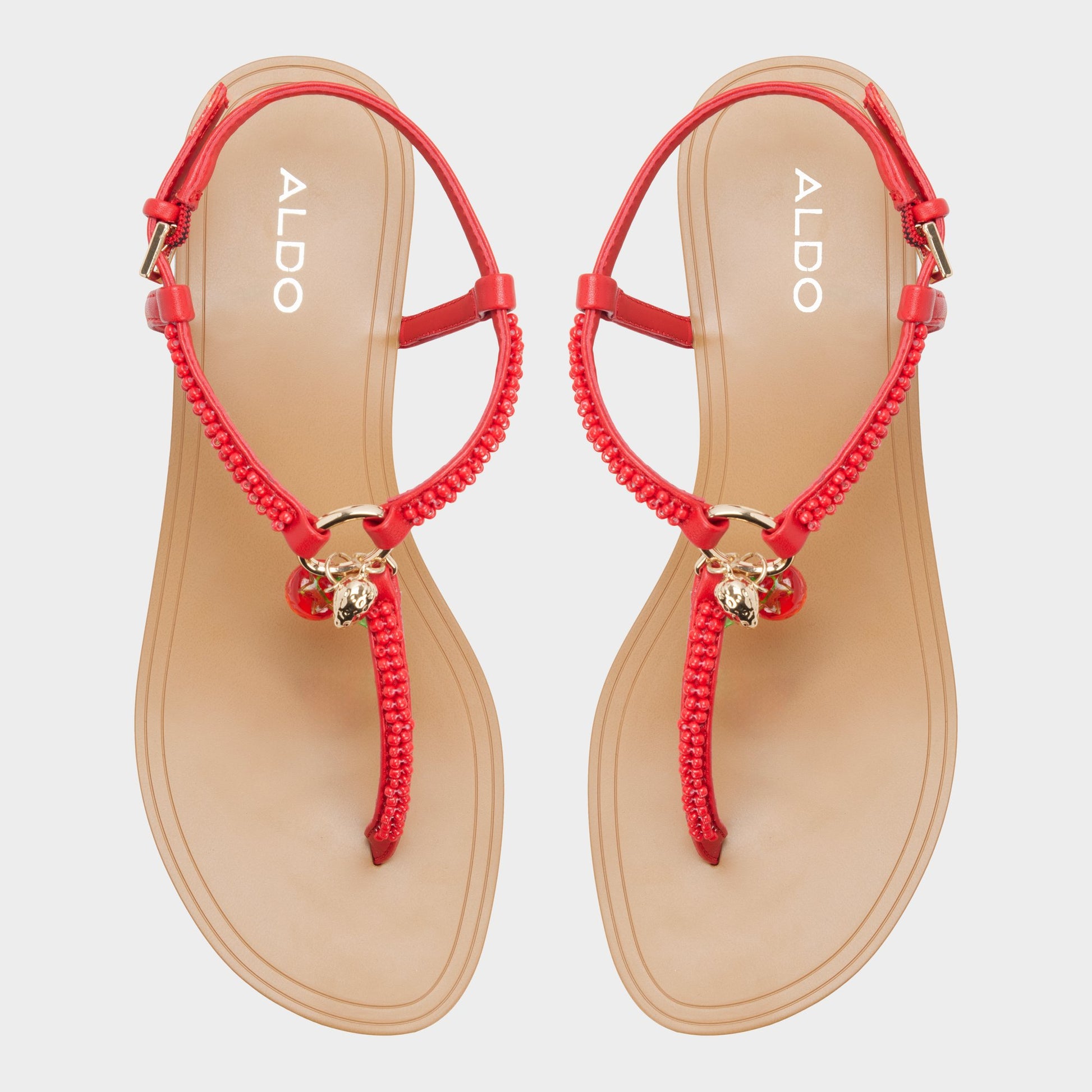Top-down view of the Bright red Fraisie T-strap sandal