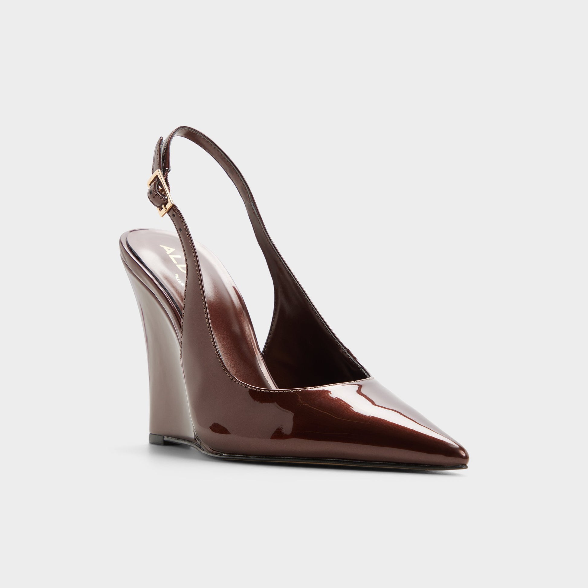 Three-quarter angle of Dark brown Stessywedge Slingback wedge heel's front side