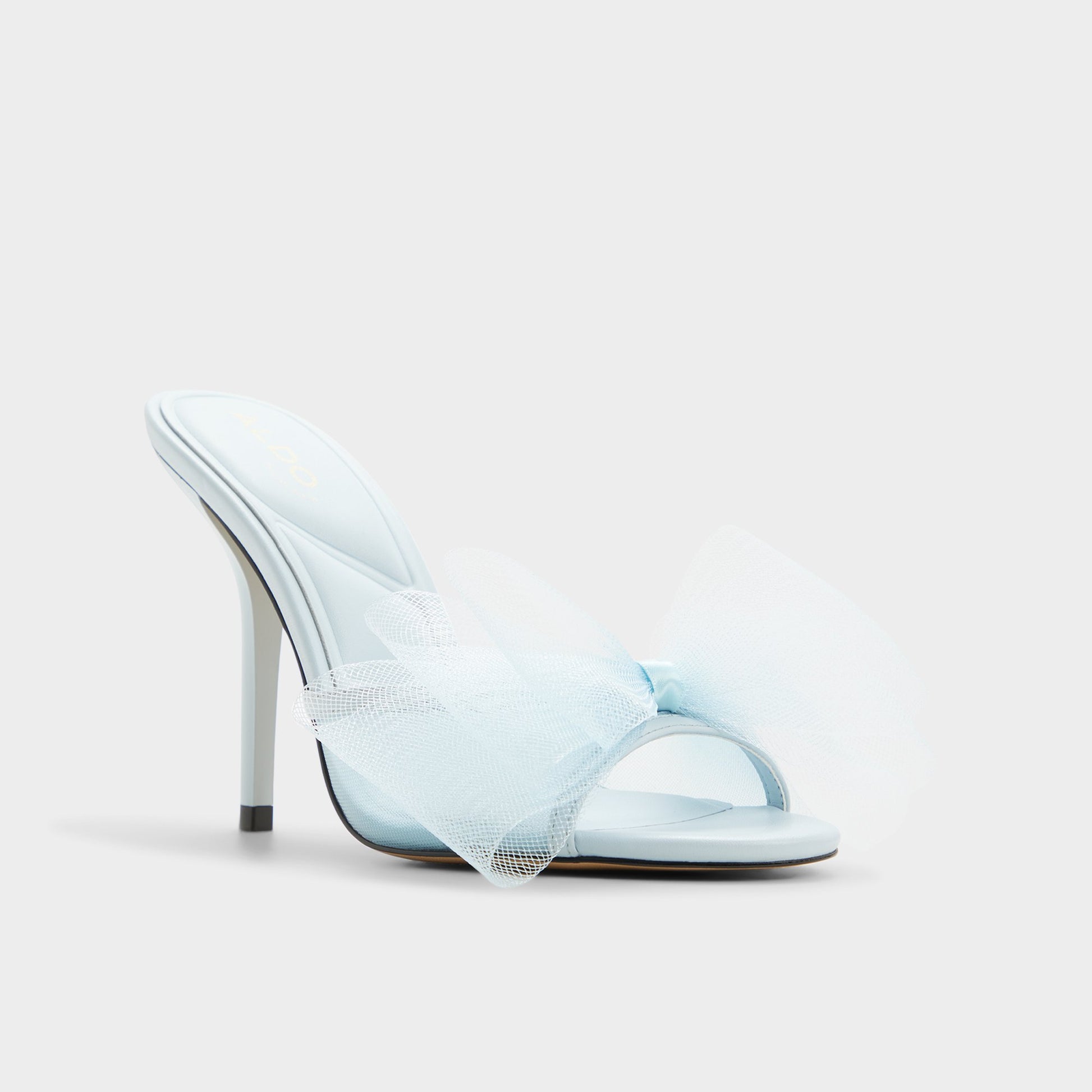 Three-quarter angle of Sky blue Oceanne Heeled mule's front side