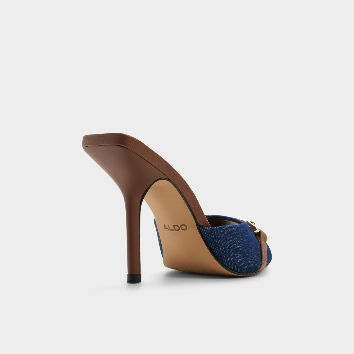 Three-quarter angle of Denim Madelynie Heeled mule's back side