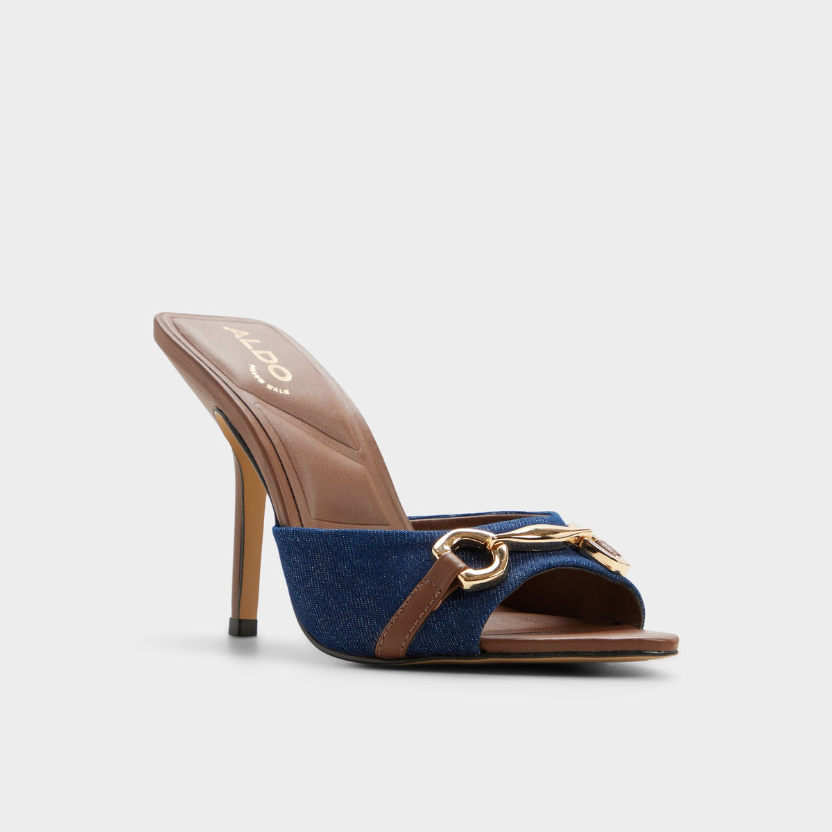 Three-quarter angle of Denim Madelynie Heeled mule's front side