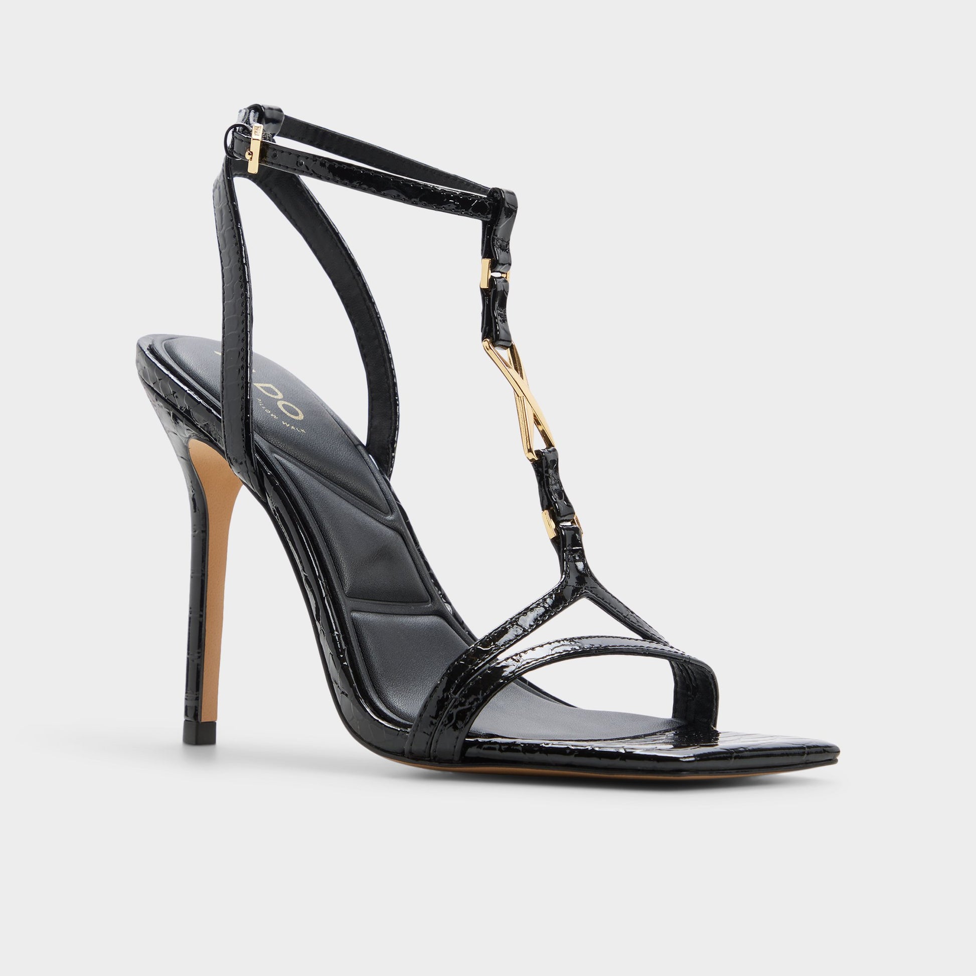 Three-quarter angle of Black Morly T-strap heeled sandal's front side