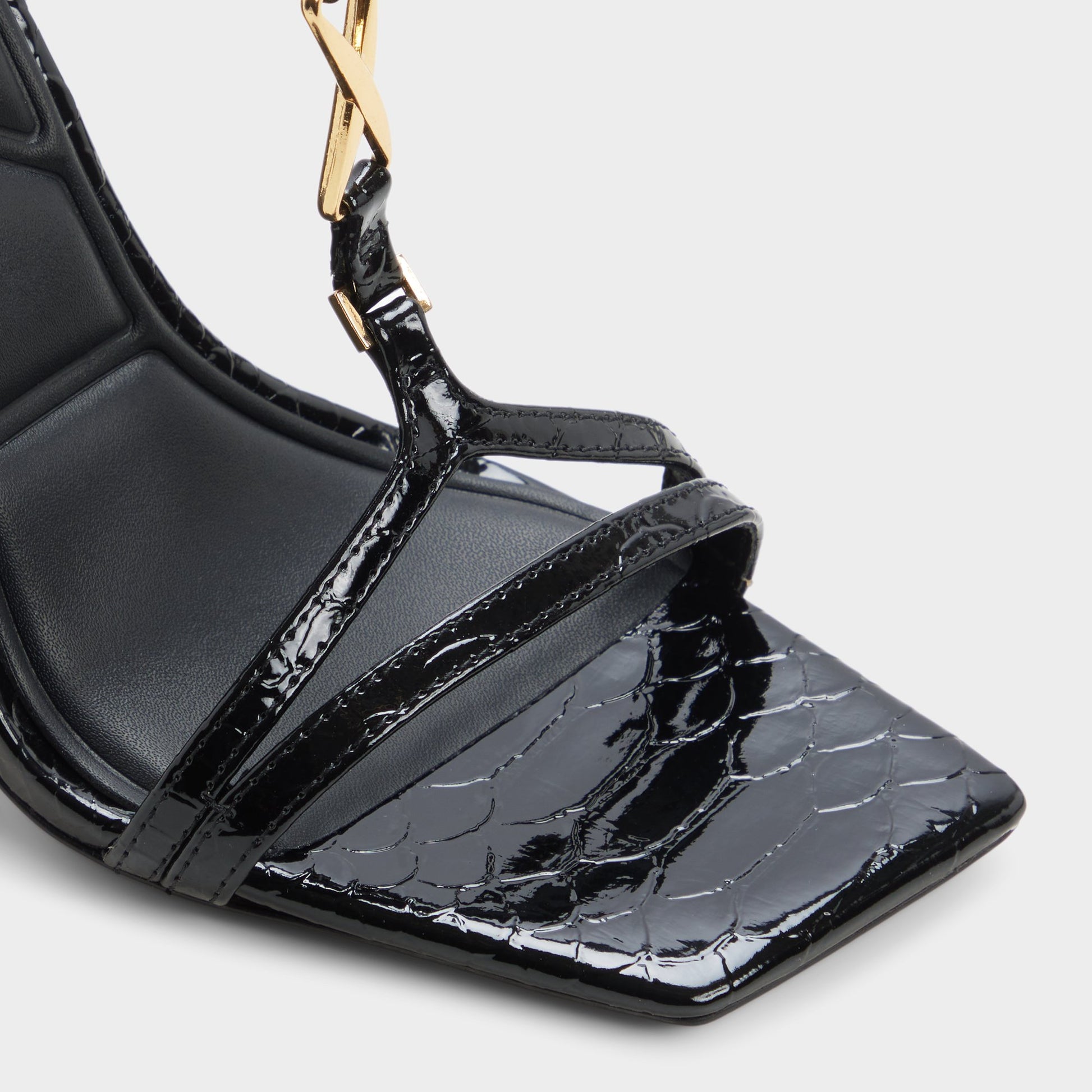 Close-up of the Black Morly T-strap heeled sandal