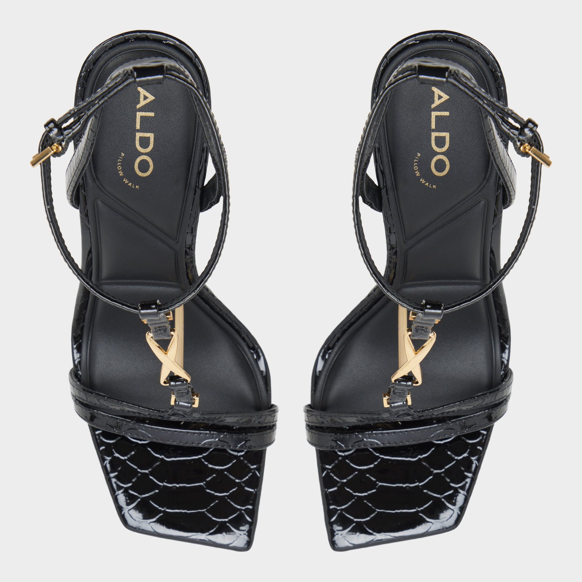 Top-down view of the Black Morly T-strap heeled sandal
