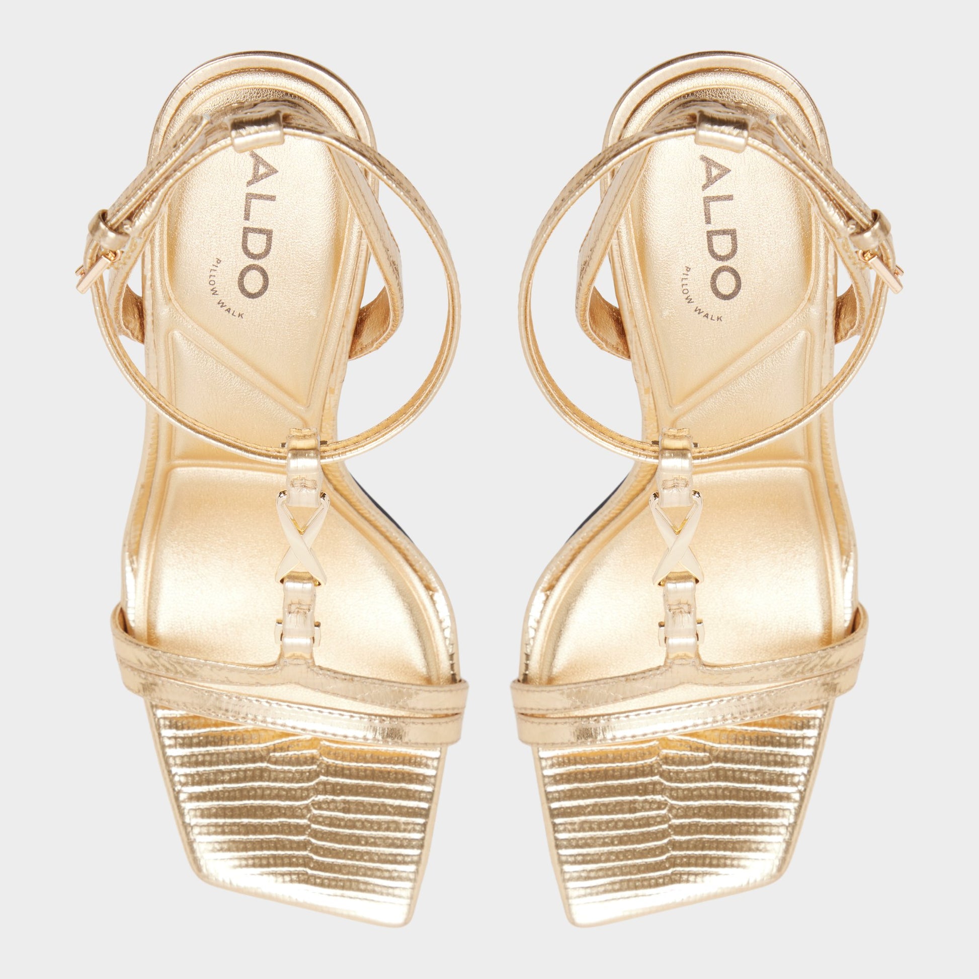 Top-down view of the Gold Morly T-strap heeled sandal