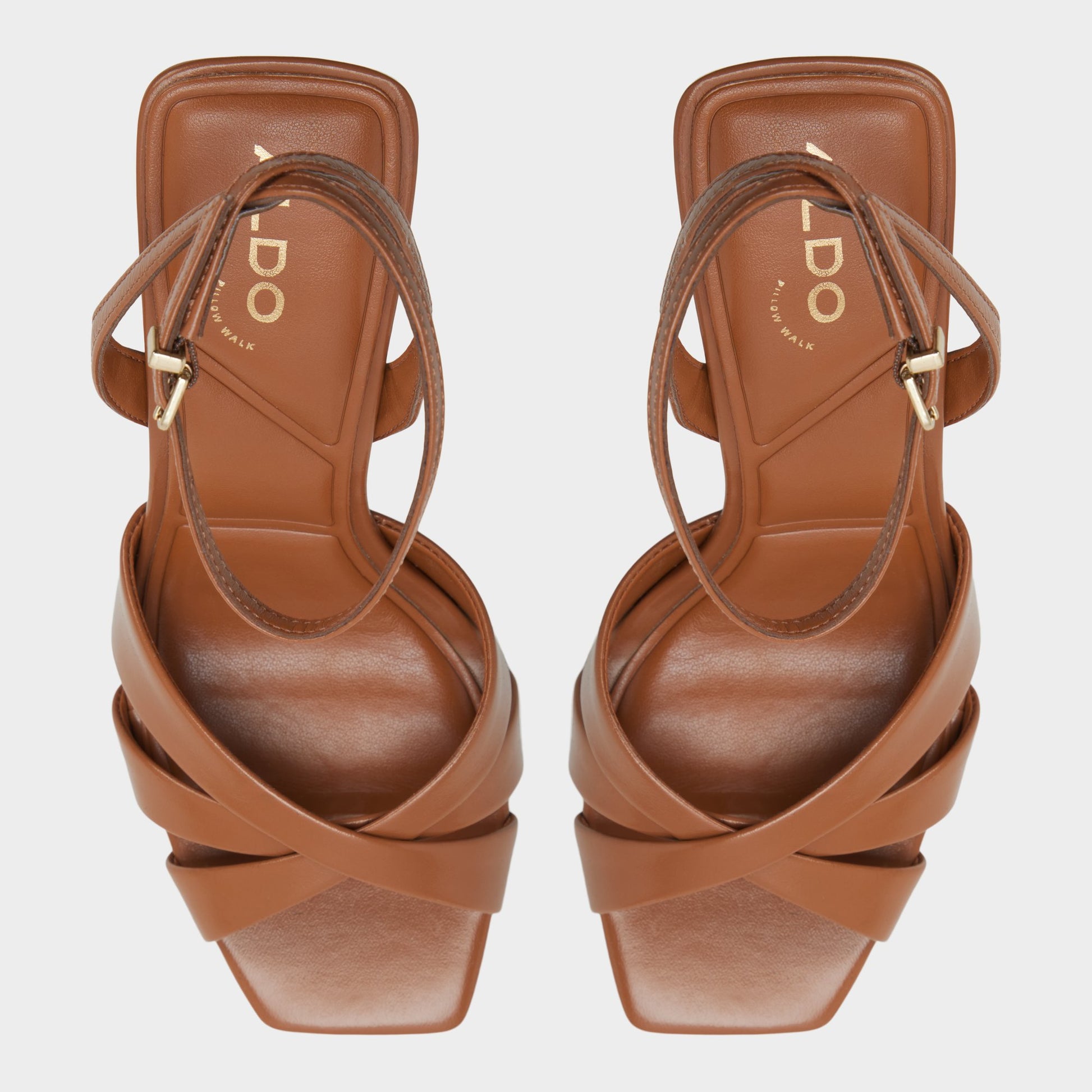 Top-down view of the Tan Meteora Strappy heeled sandal