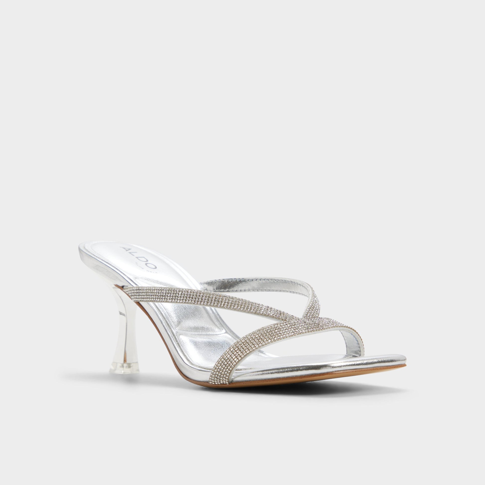 Three-quarter angle of Silver Enalen Heeled mule's front side