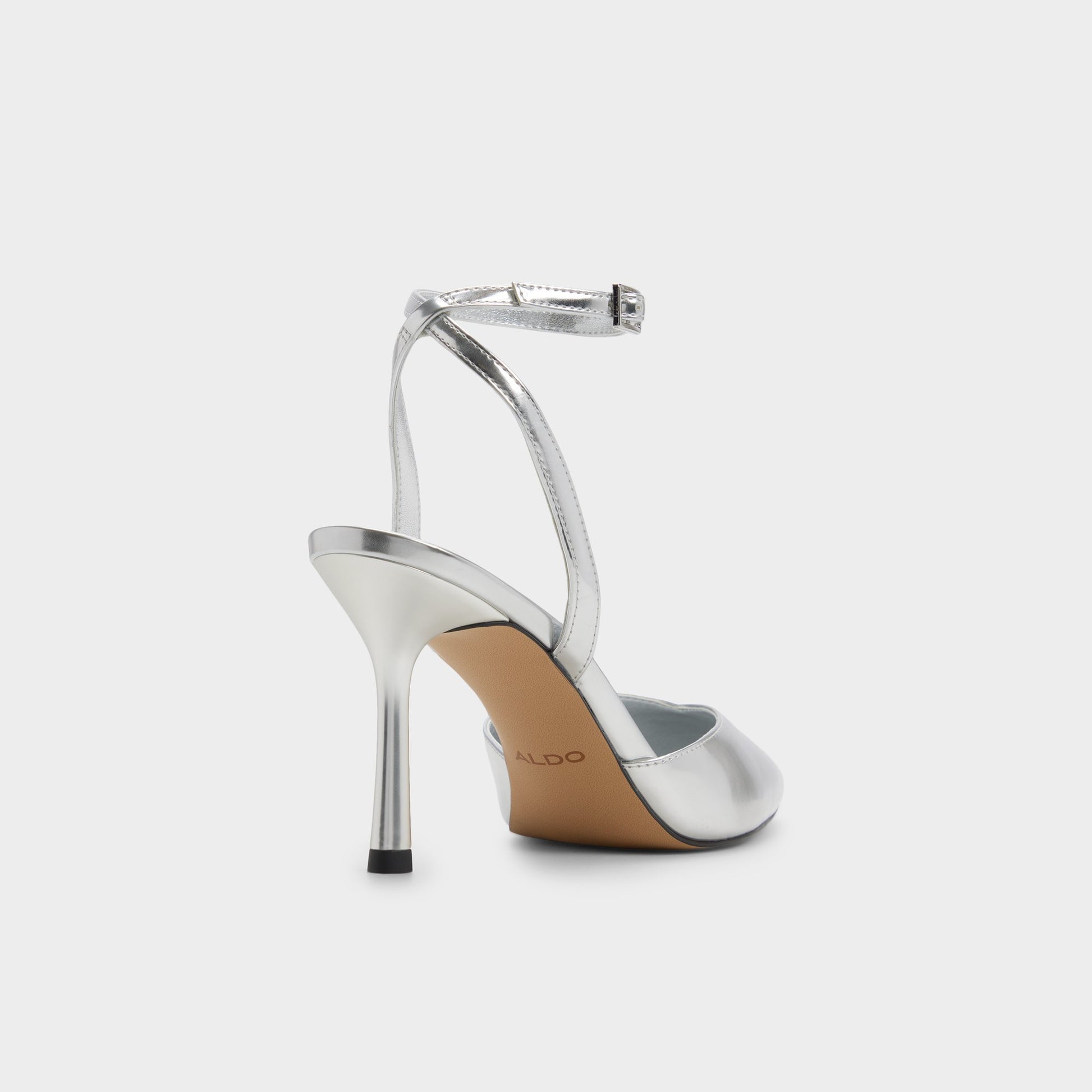 Three-quarter angle of Silver Carolling Strappy heeled shoe's back side
