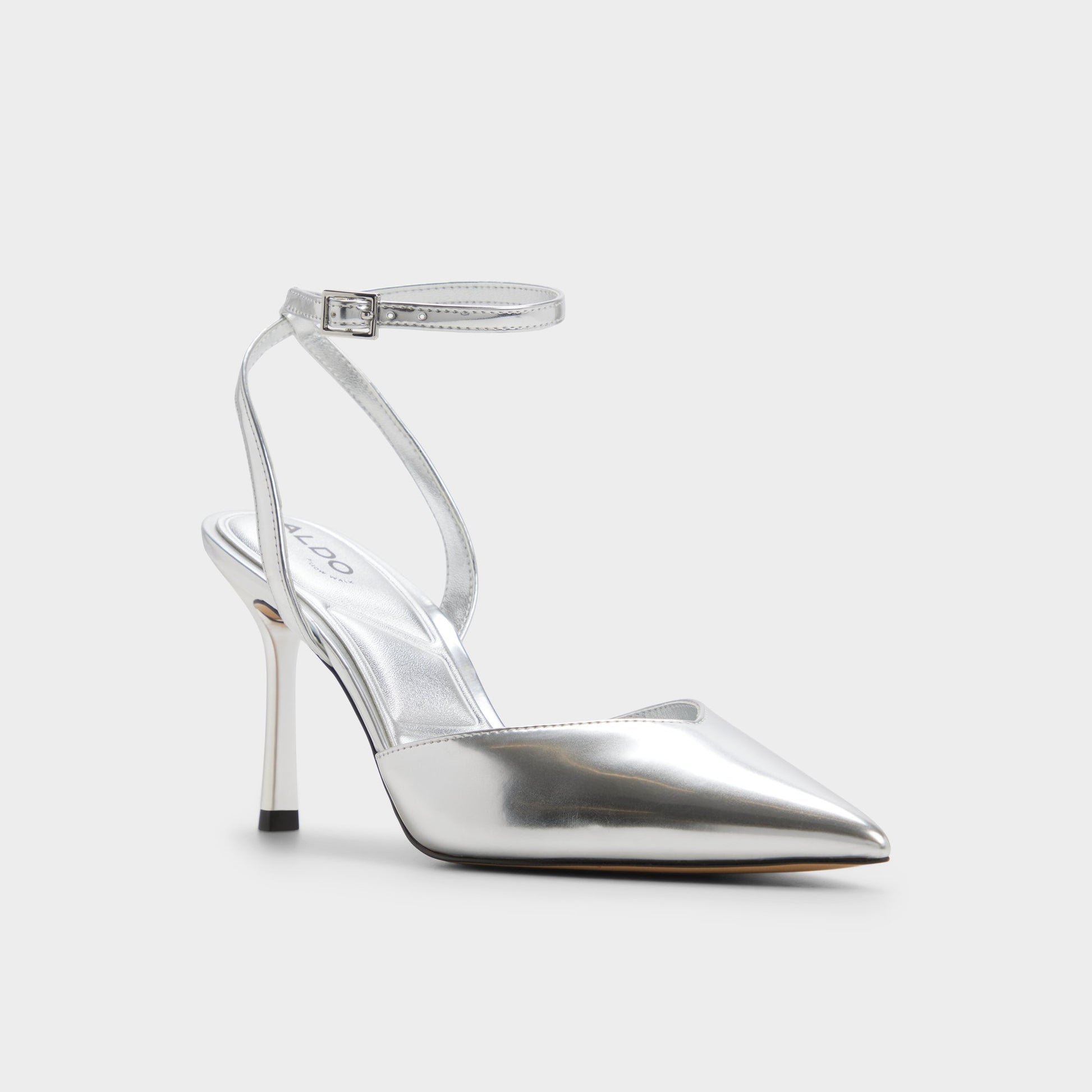 Three-quarter angle of Silver Carolling Strappy heeled shoe's front side
