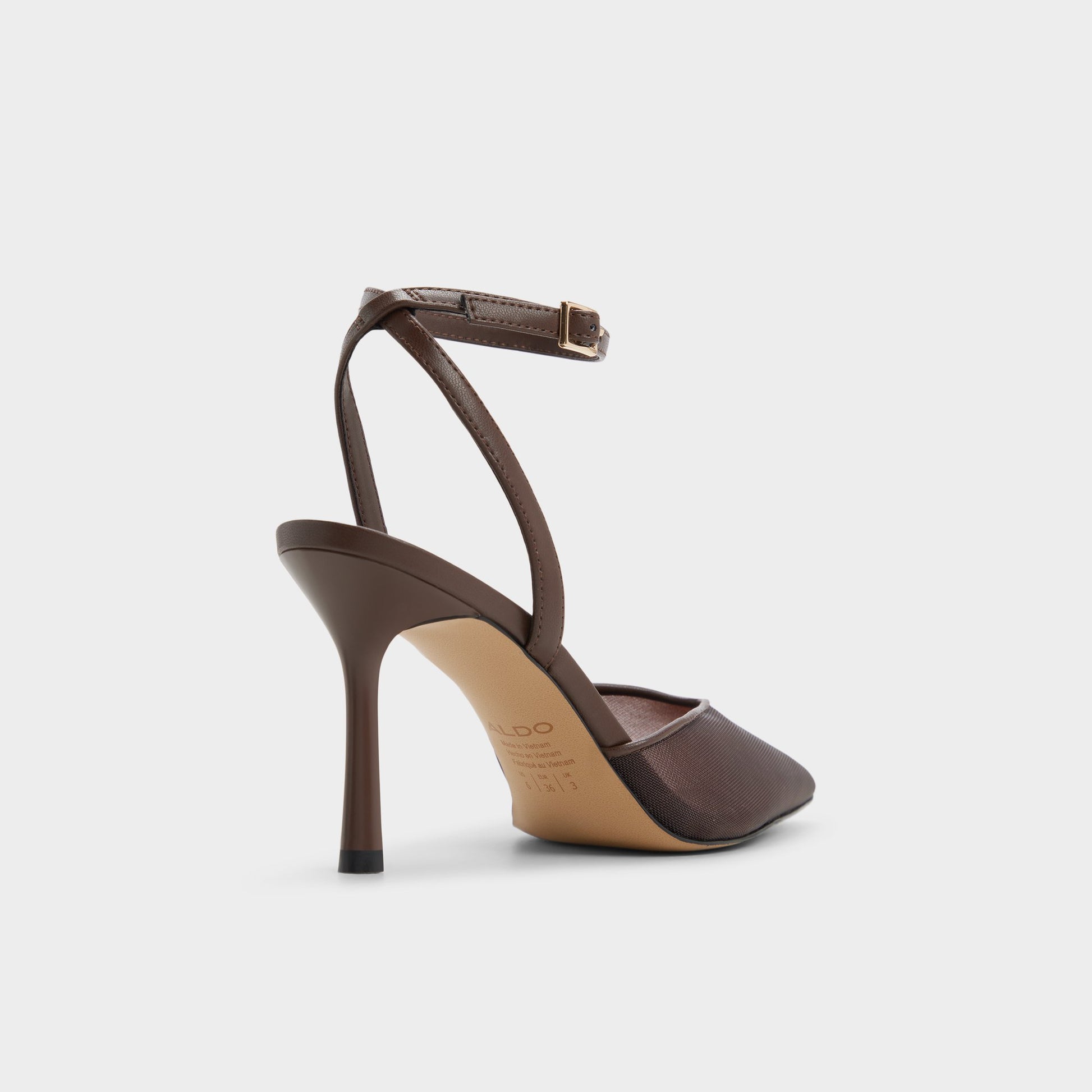Three-quarter angle of Dark brown Carolline Strappy heeled shoe's back side