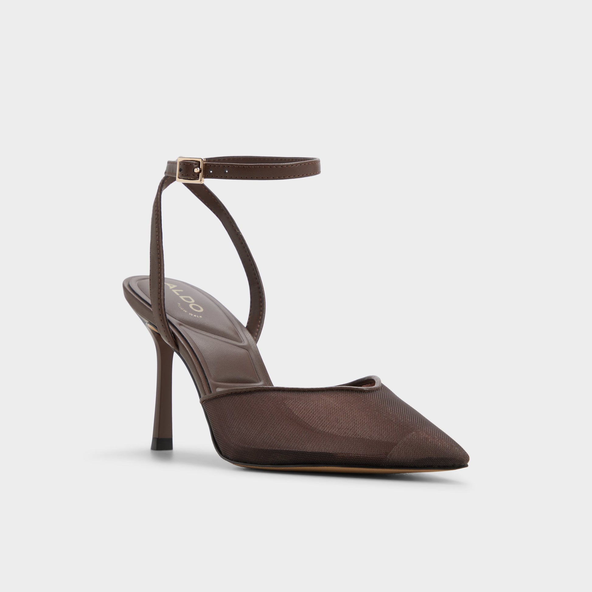 Three-quarter angle of Dark brown Carolline Strappy heeled shoe's front side