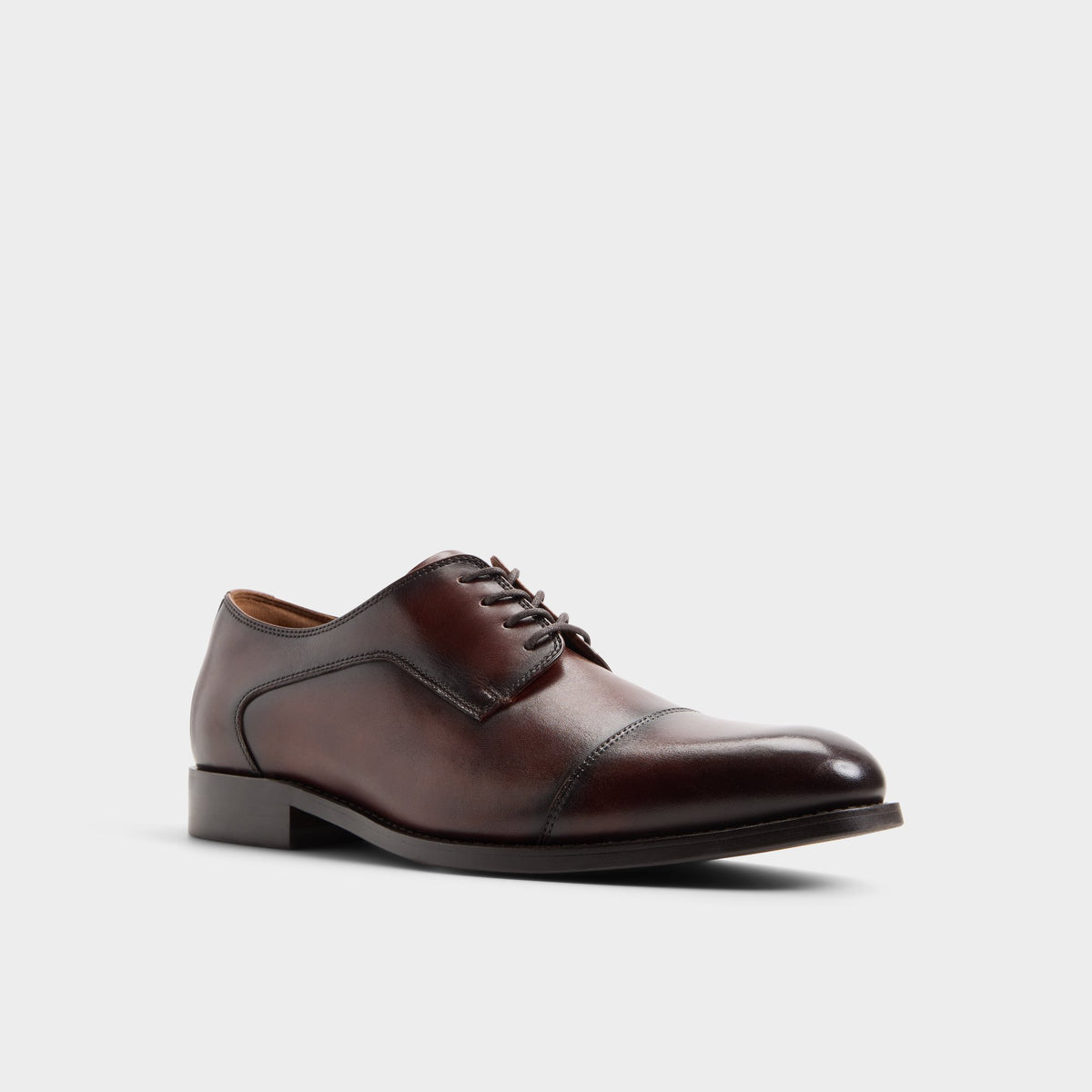 Three-quarter angle of Open brown Alejandro Derby shoe's front side