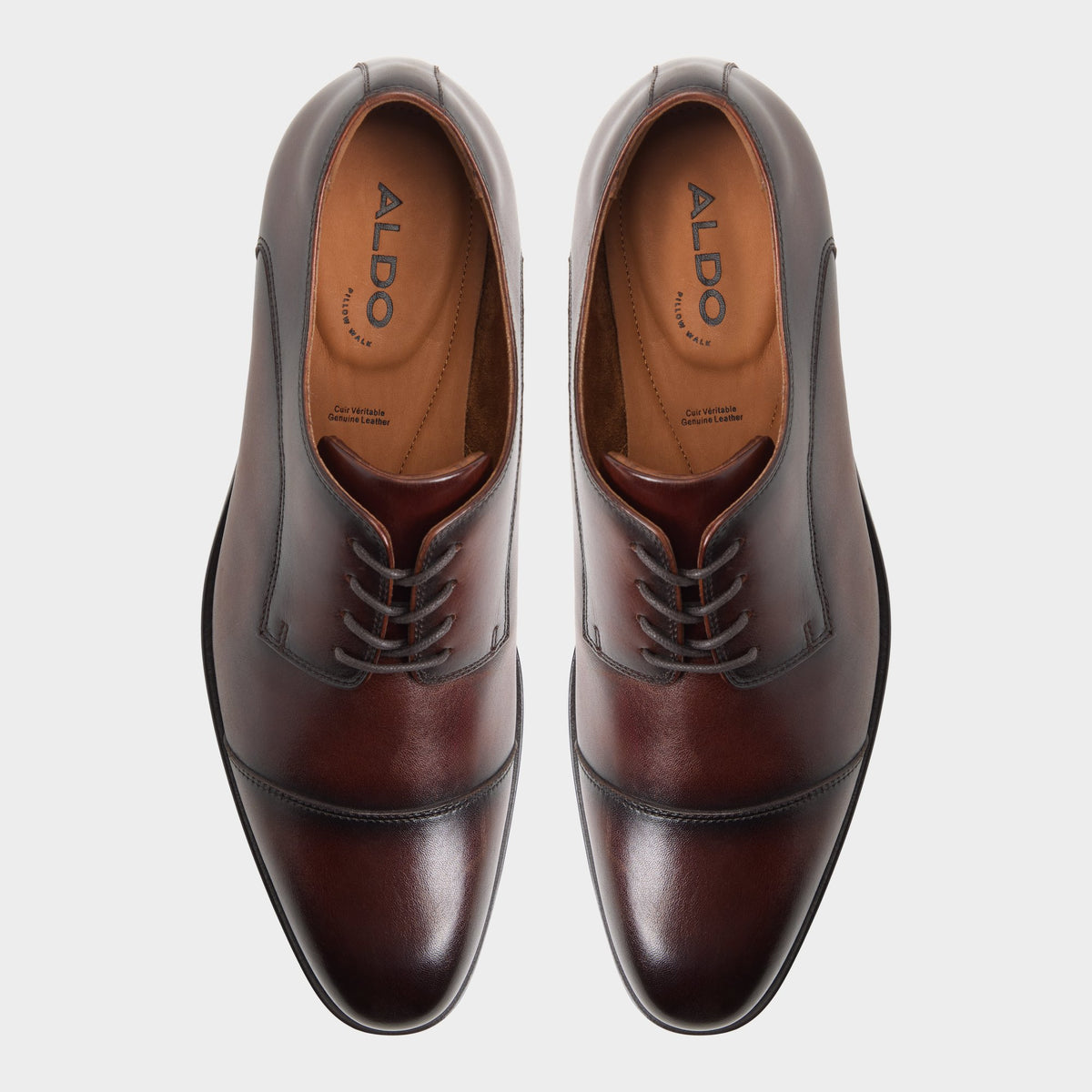 Top-down view of the Open brown Alejandro Derby shoe
