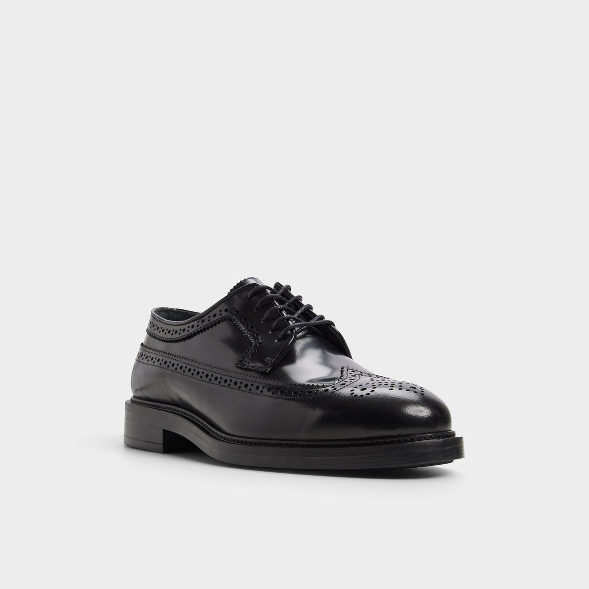 Three-quarter angle of Black Jarvi Brogue lace-up shoe's front side