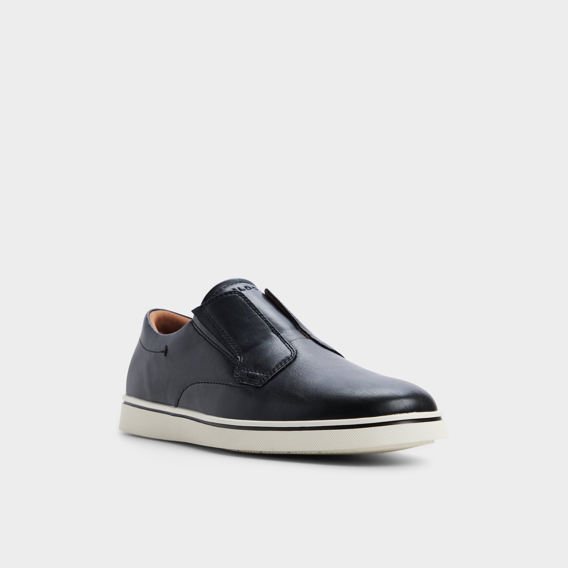 Three-quarter angle of Black Enio Slip-on sneaker's front side