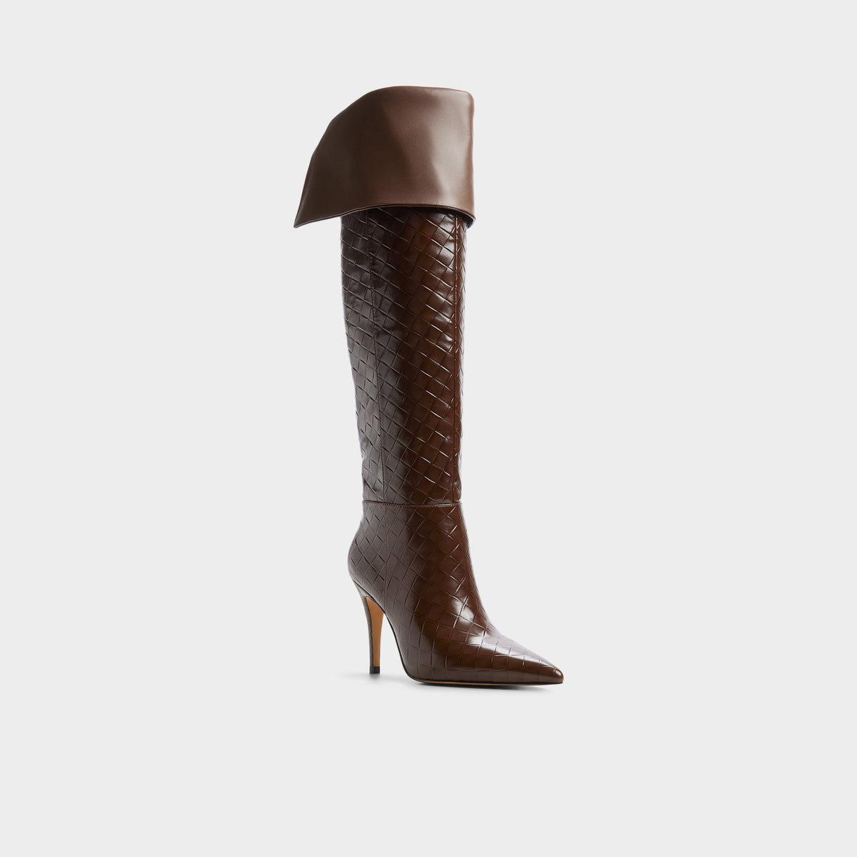 Three-quarter angle of Dark brown Hillsdon Stiletto heel over-the-knee boot's front side