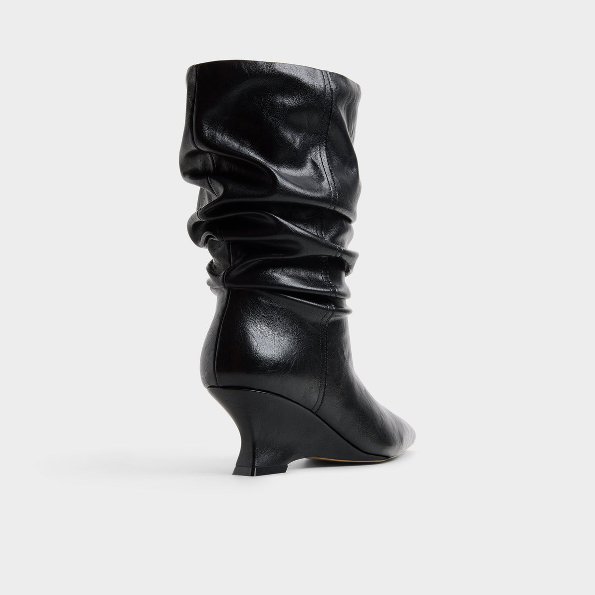 Three-quarter angle of Black Calain Wedge heel mid-calf boot's back side