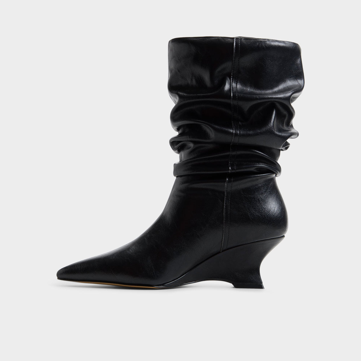 Side view of Black Calain Wedge heel mid-calf boot