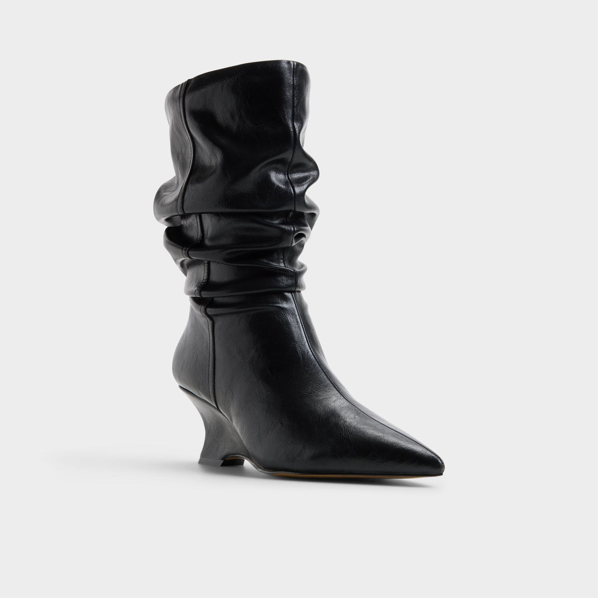 Three-quarter angle of Black Calain Wedge heel mid-calf boot's front side