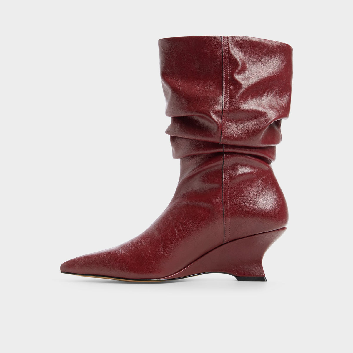 Side view of Dark red Calain Wedge heel mid-calf boot