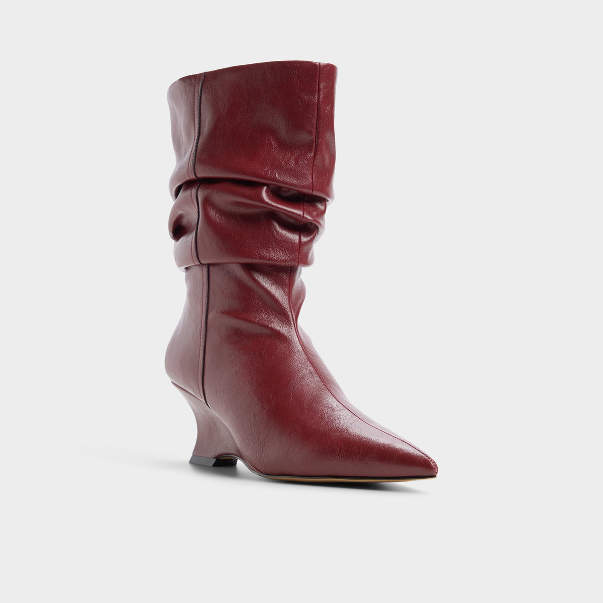 Three-quarter angle of Dark red Calain Wedge heel mid-calf boot's front side