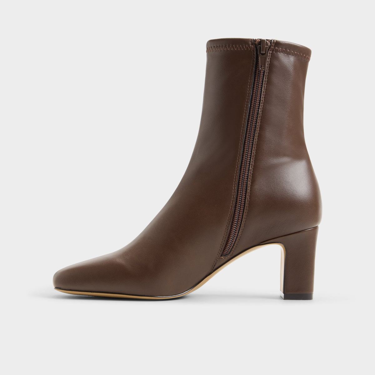 Side view of Dark brown Kayia Block heel ankle boot