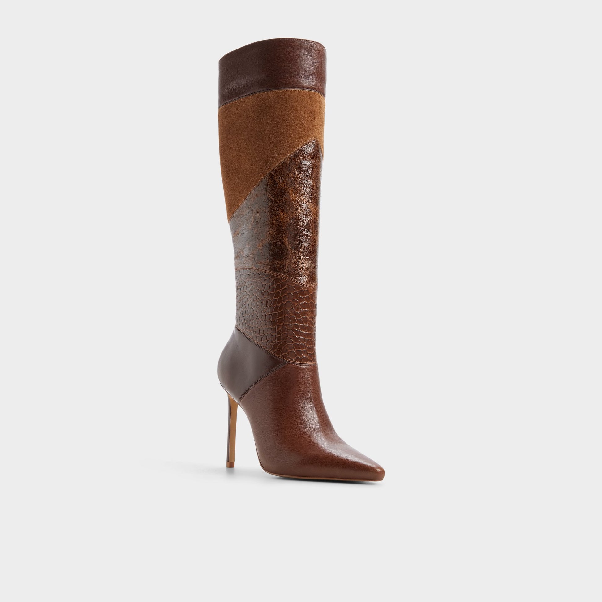 Three-quarter angle of Brown primary - multi Marya Stiletto heel knee-high boot's back side