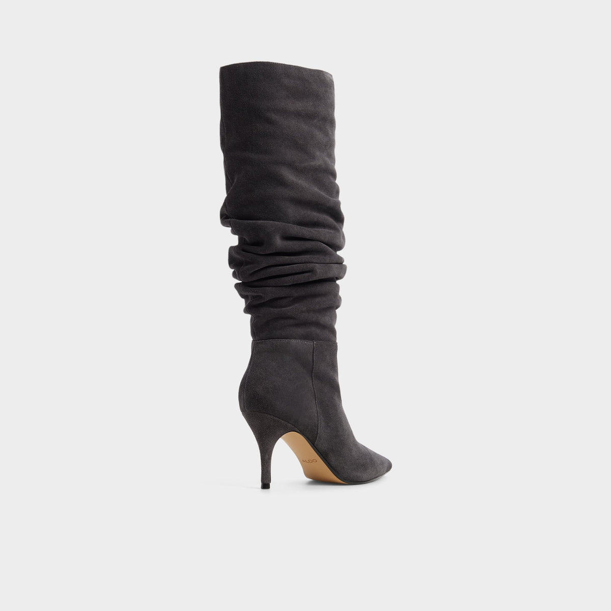 Three-quarter angle of Dark grey Kimmia Stiletto heel knee-high boot's back side